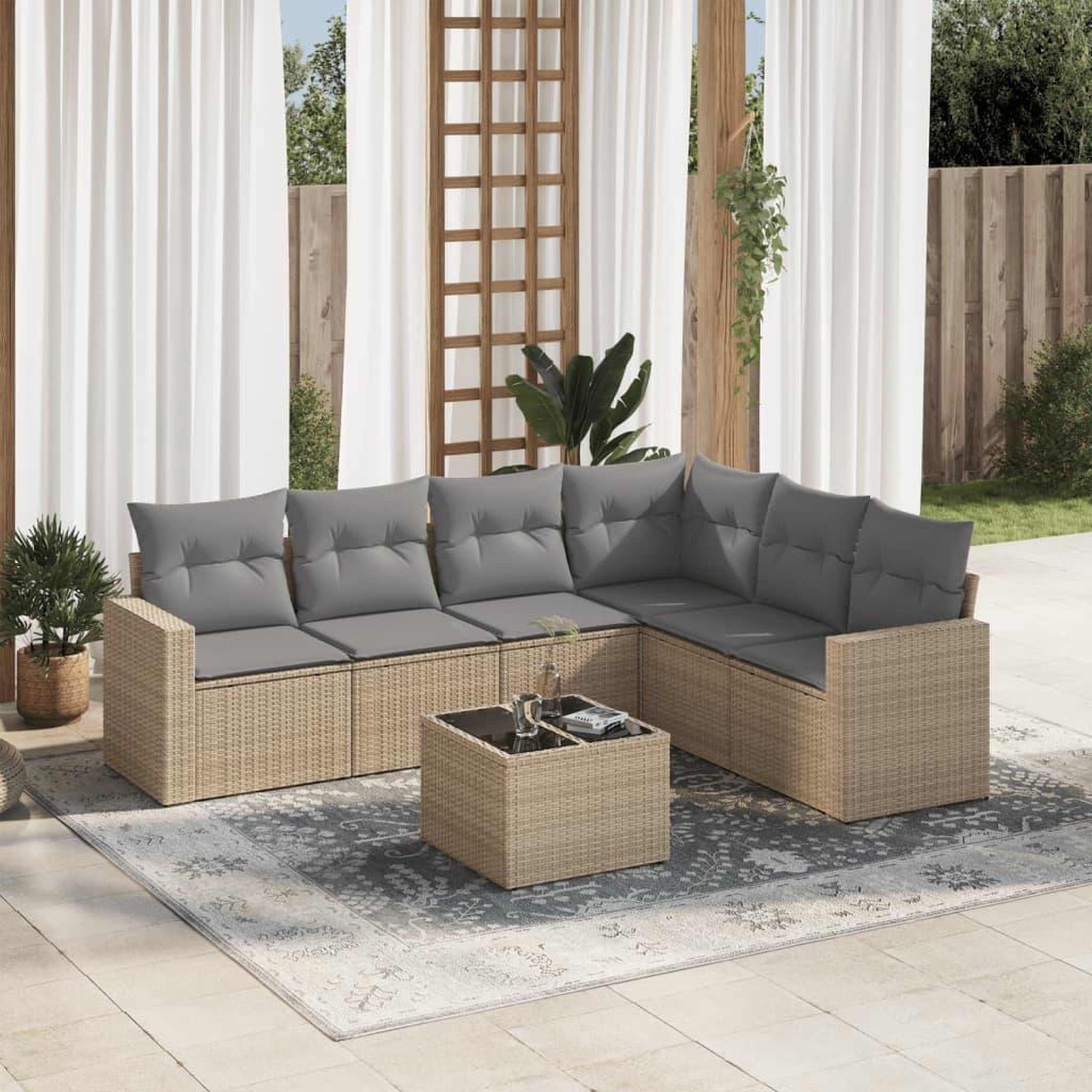 VIDAXL Salon de jardin avec coussins 7 pcs beige resine tressee