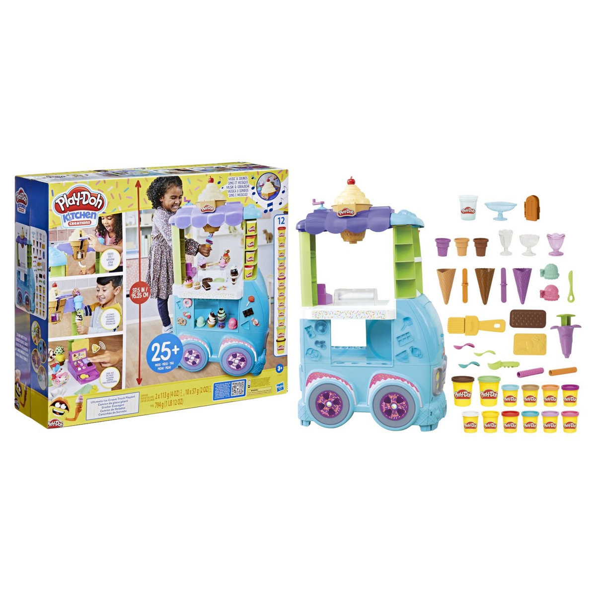 HASBRO Play-Doh Camion de glace géant, 27 accessoires et 12 pots de pâte à modeler, sons réalistes