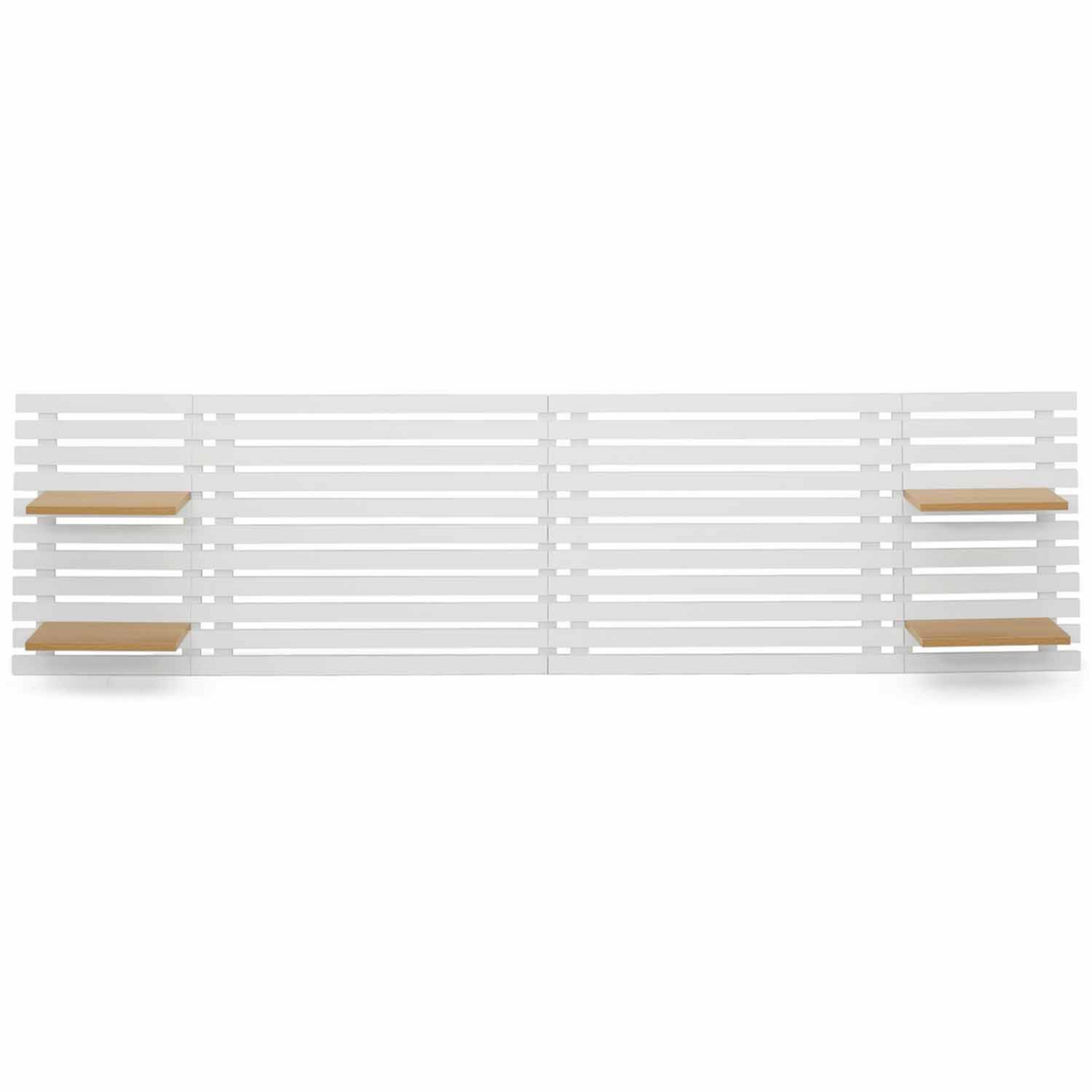 ID MARKET Tête de lit suspendue en lattes AVA 240 cm bois blanc et étagères façon hêtre
