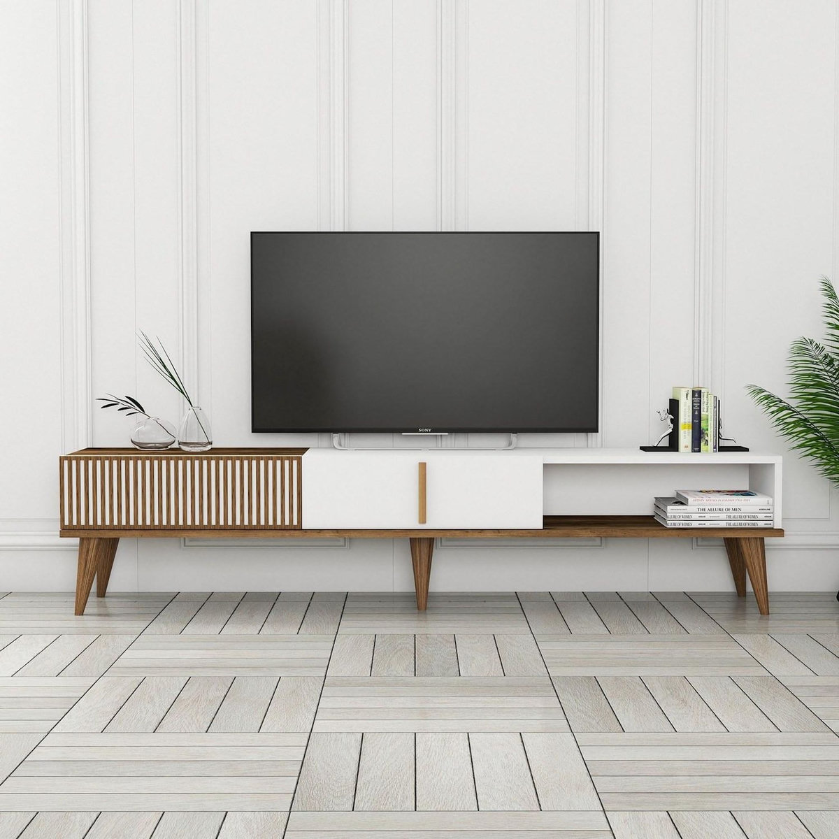 Habitat et Jardin Meuble TV en bois  Milan  - 180 x 35 x 40 cm - Noyer, Blanc