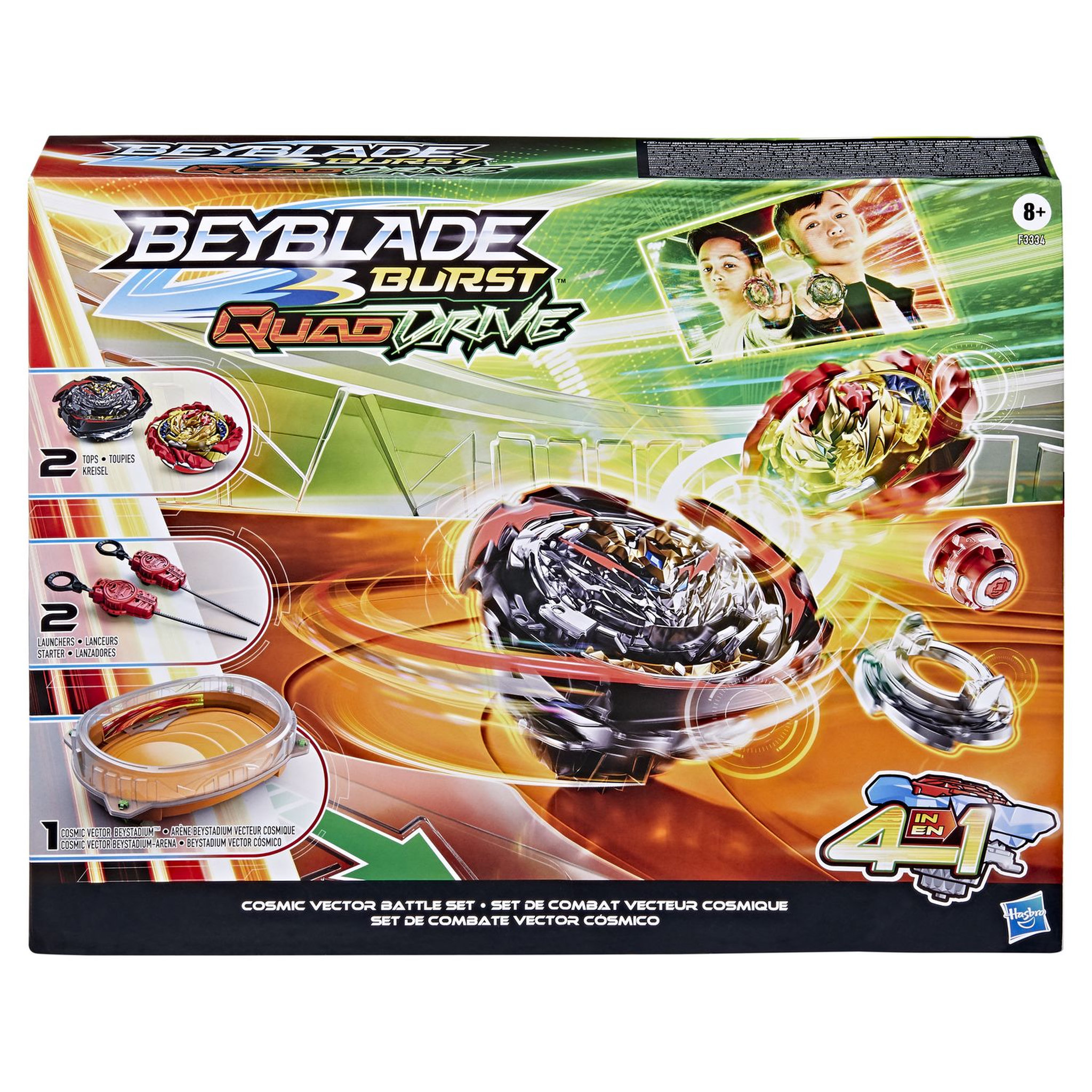 Voir la diapositive 3 : HASBRO Beyblade Burst QuadDrive - Set de Combat Cosmic Vector, arène Beystadium, 2 toupies et 2 lanceurs