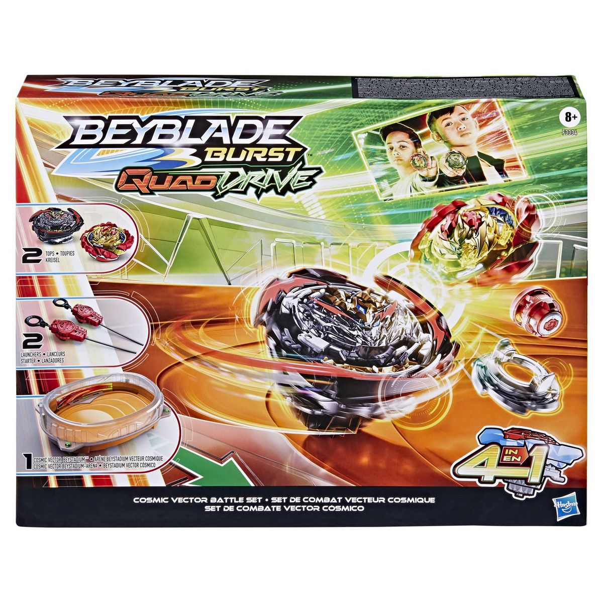 HASBRO Beyblade Burst QuadDrive - Set de Combat Cosmic Vector, arène Beystadium, 2 toupies et 2 lanceurs