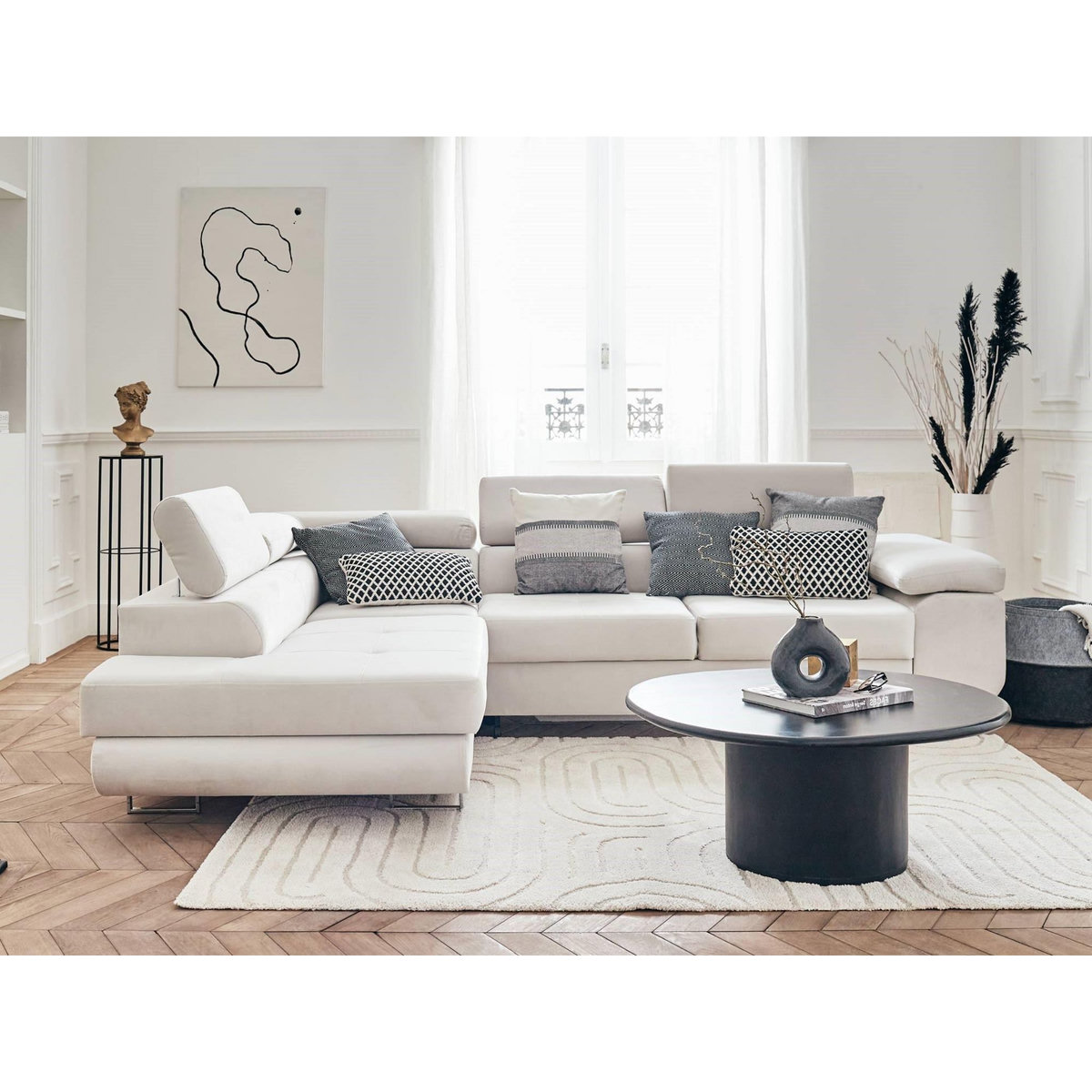 BEST MOBILIER Pablo - canapé d'angle gauche - 5 places - convertible avec coffre et têtières réglables - en velours