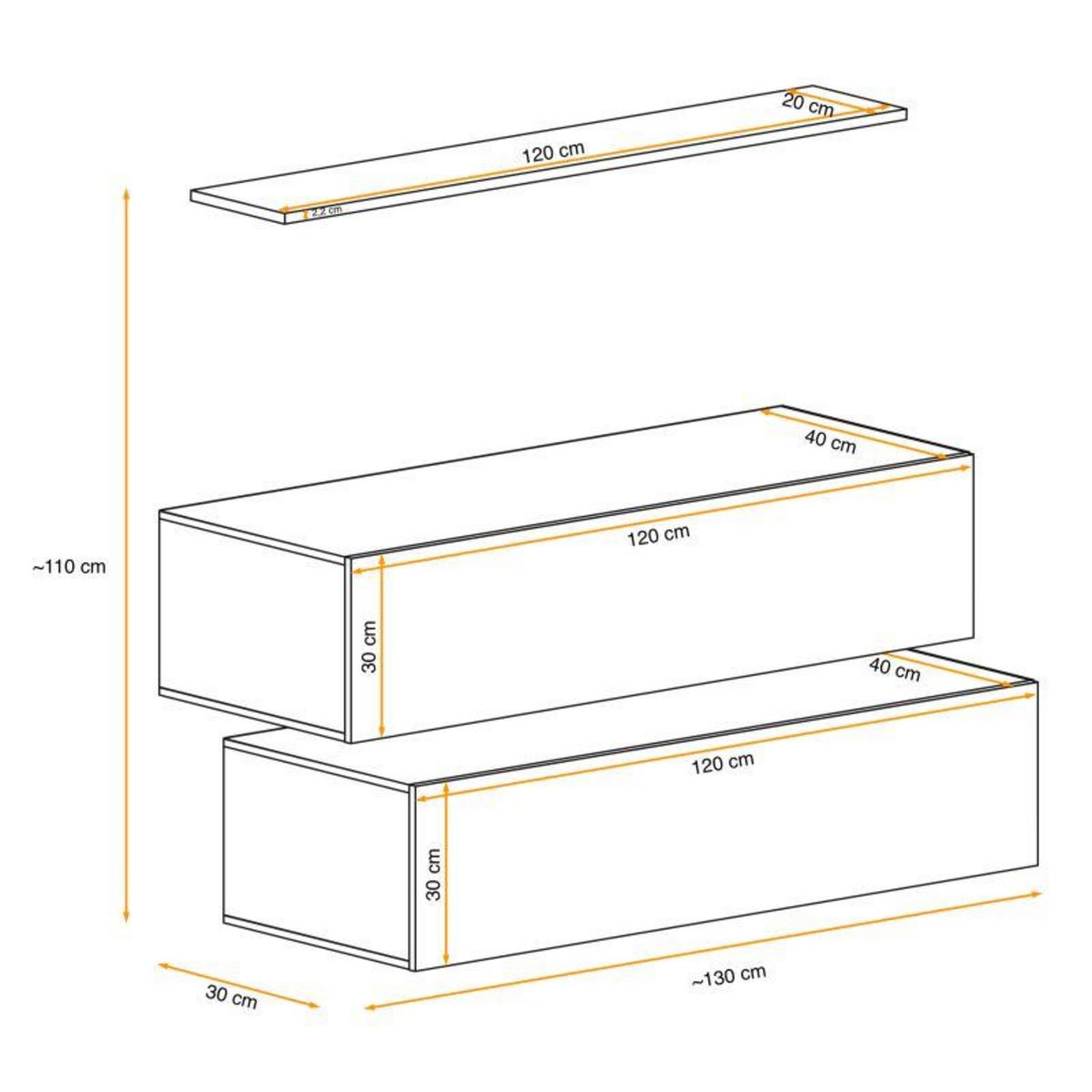 Paris Prix Lot de 2 Bancs Muraux & Étagère  Switch SBII  130cm Noir