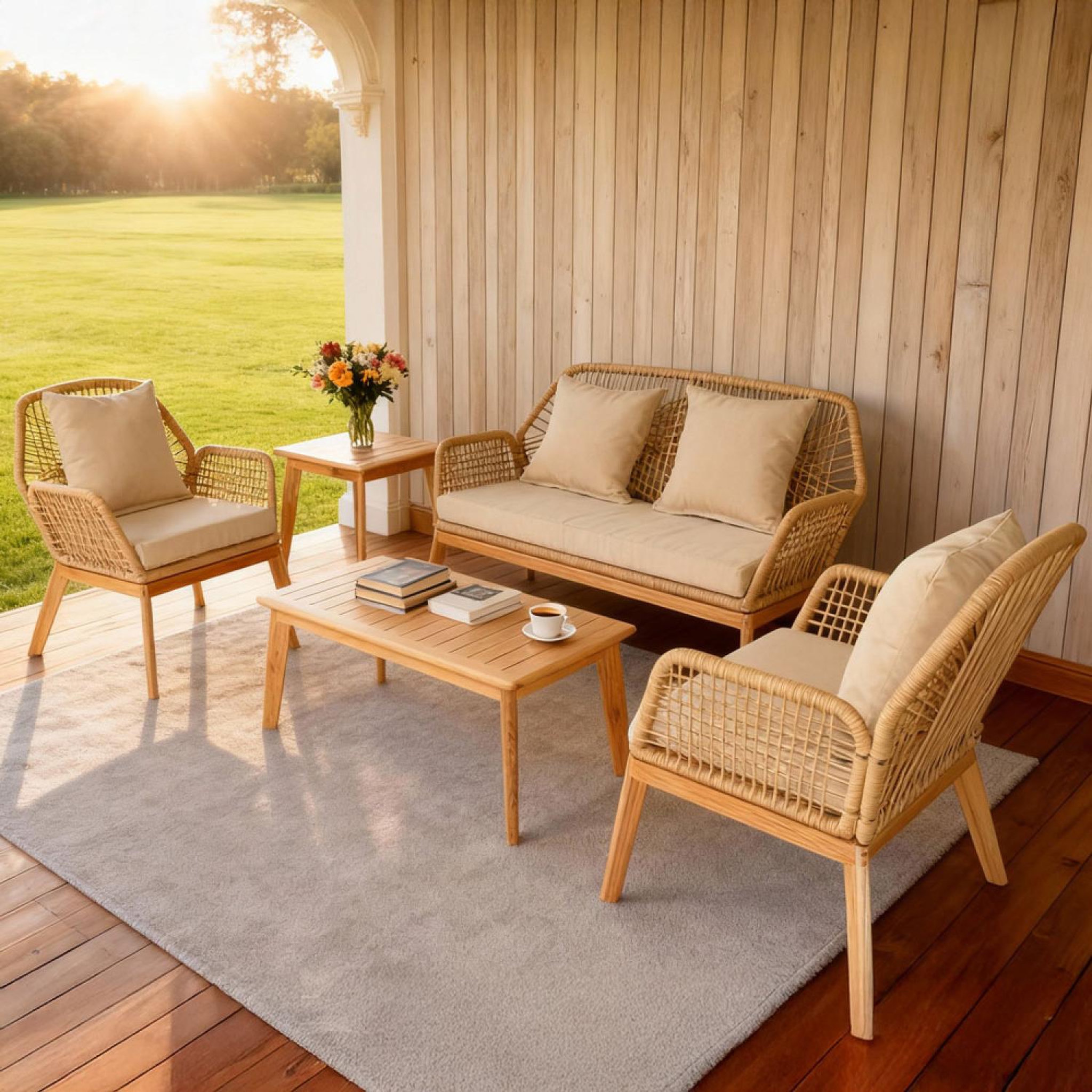 Voir la diapositive 2 : CONCEPT USINE Salon de jardin 4 places en bois avec 2 tables beige et bois rosario