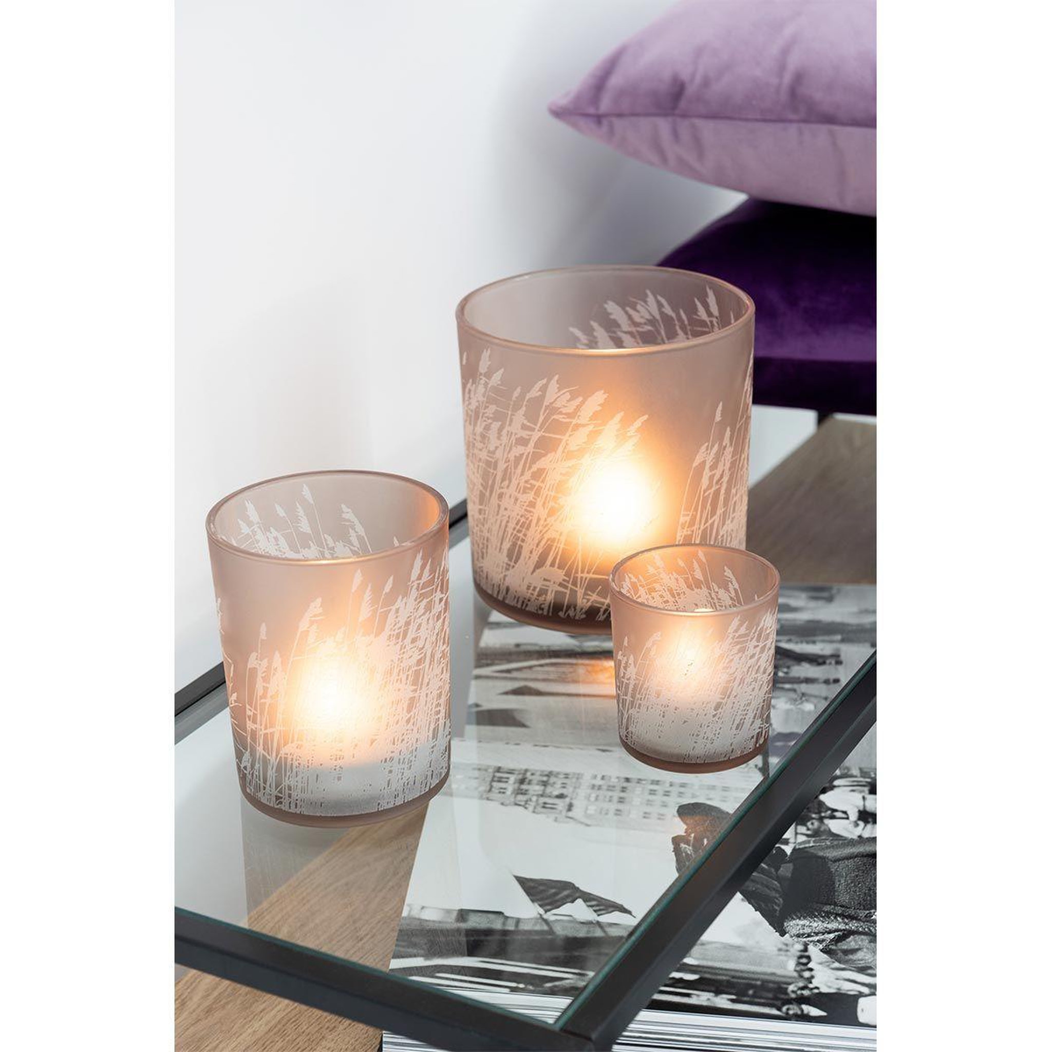 Voir la diapositive 4 : J-LINE Photophore en Verre Design  Herbe  15cm Beige