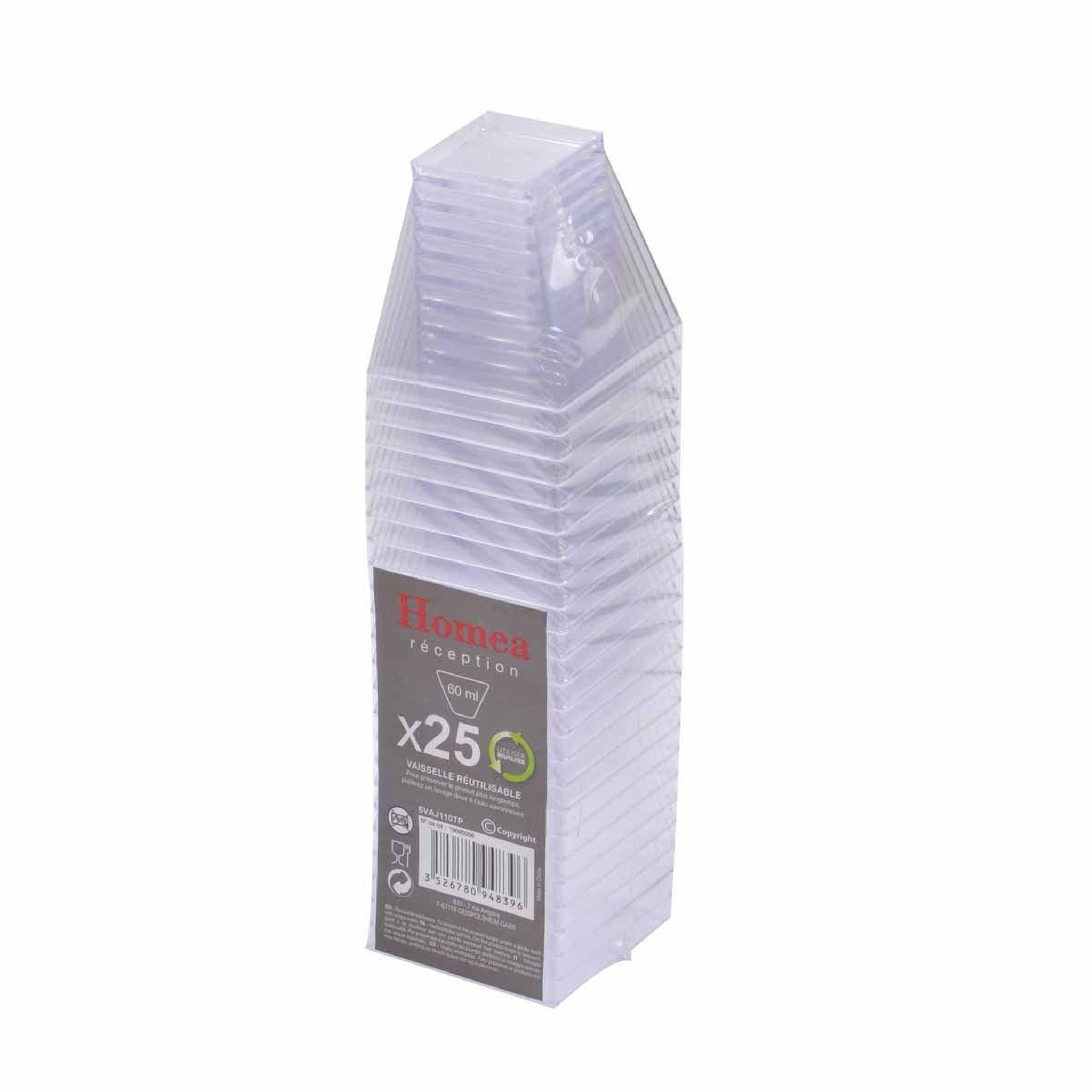 Voir la diapositive 2 : HOMEA Lot de 25 Verrines Carrées en Plastique Réutilisable  Mini Apéritif  6cl Transparent