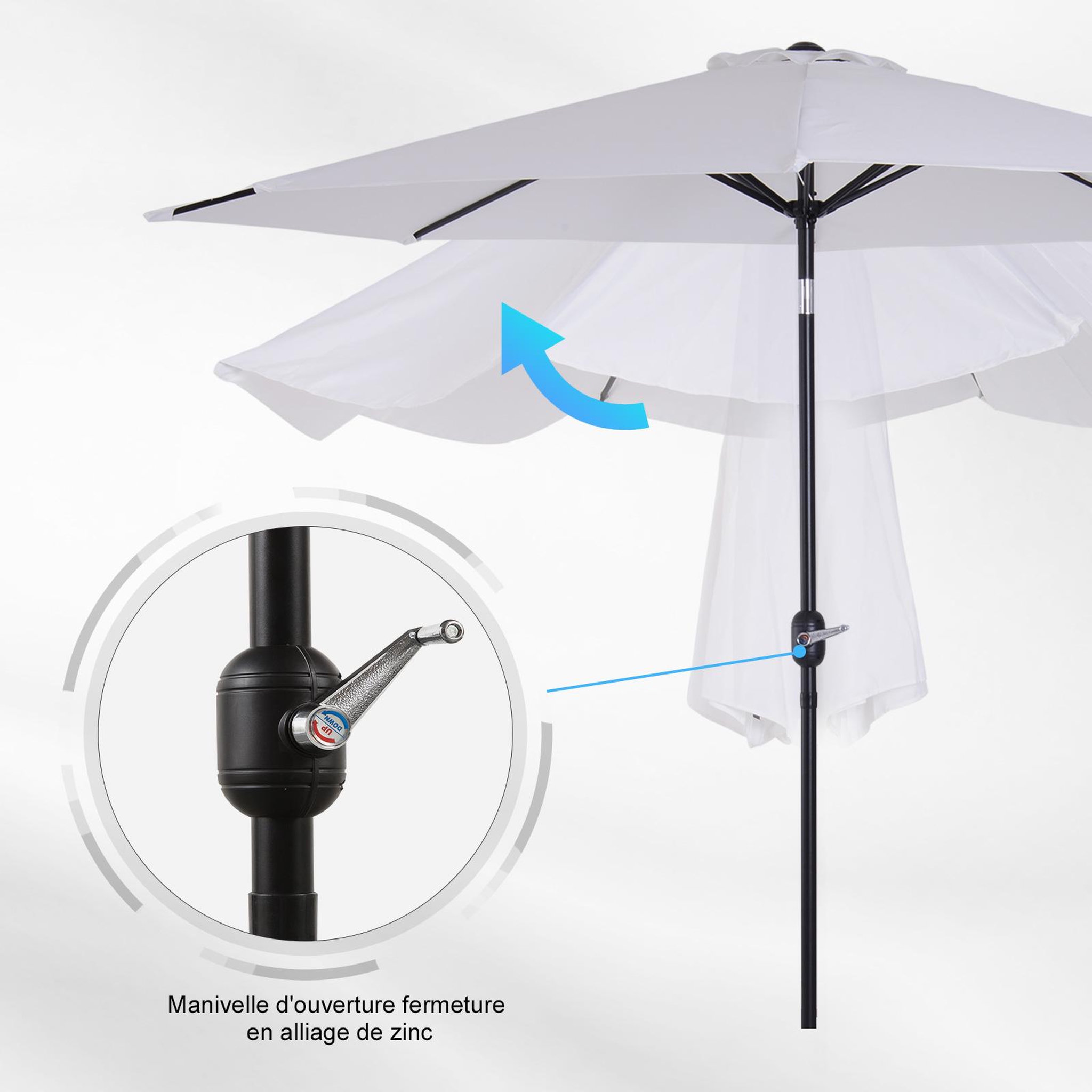 Voir la diapositive 6 : OUTSUNNY Parasol en métal rond polyester 180g/m² manivelle inclinable Ø 3 x 2,45 m blanc