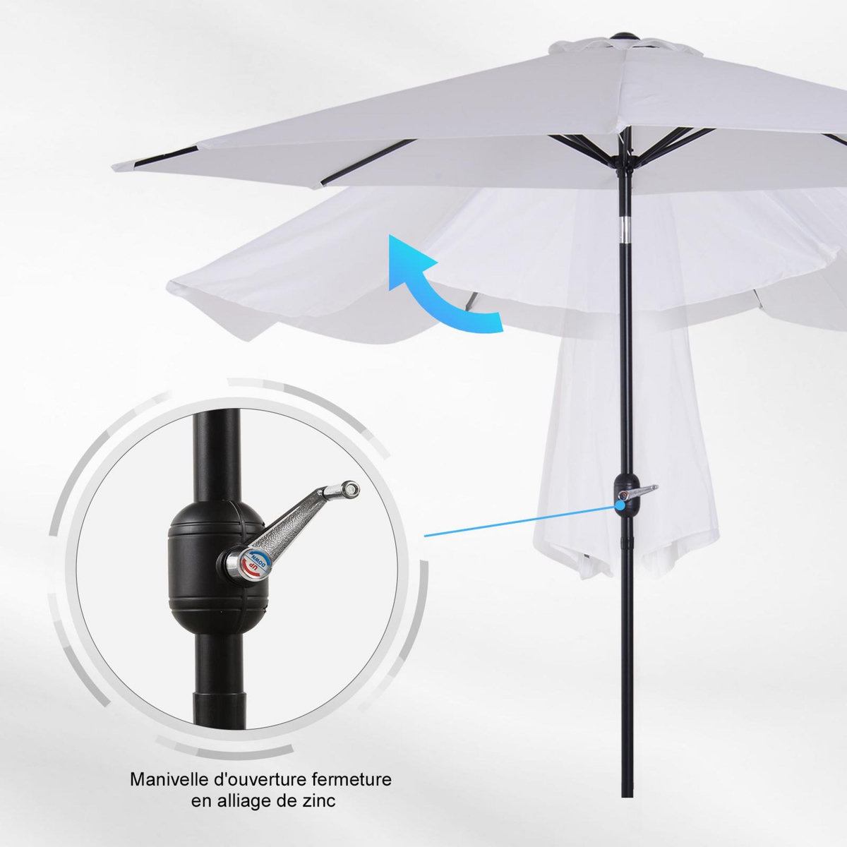 OUTSUNNY Parasol en métal rond polyester 180g/m² manivelle inclinable Ø 3 x 2,45 m blanc