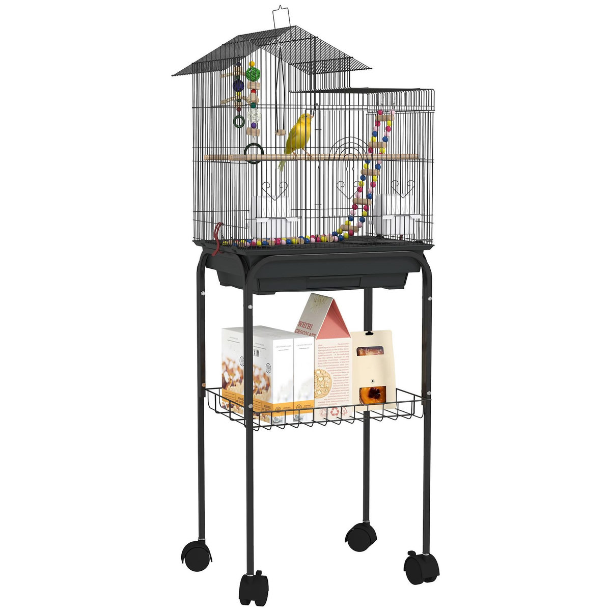 PAWHUT Cage à oiseaux 46 x 36 x 120 cm étagère 2 mangeoires 2 perchoirs balançoire échelle jouet noir
