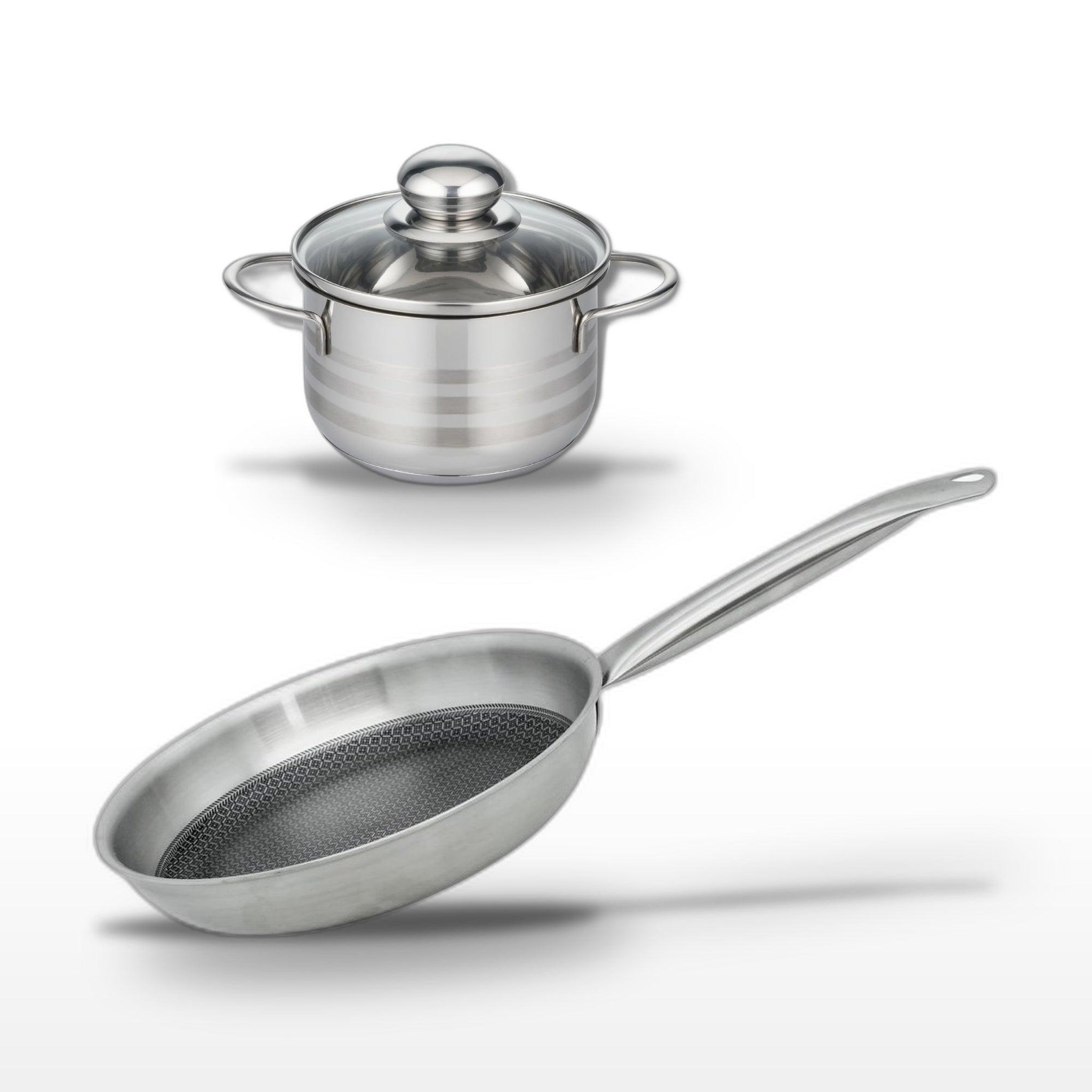 ELO Batterie de cuisine avec 1 poêle 28 cm et 1 faitout 16 cm en inox sans pfas elo collection relief solution brillant