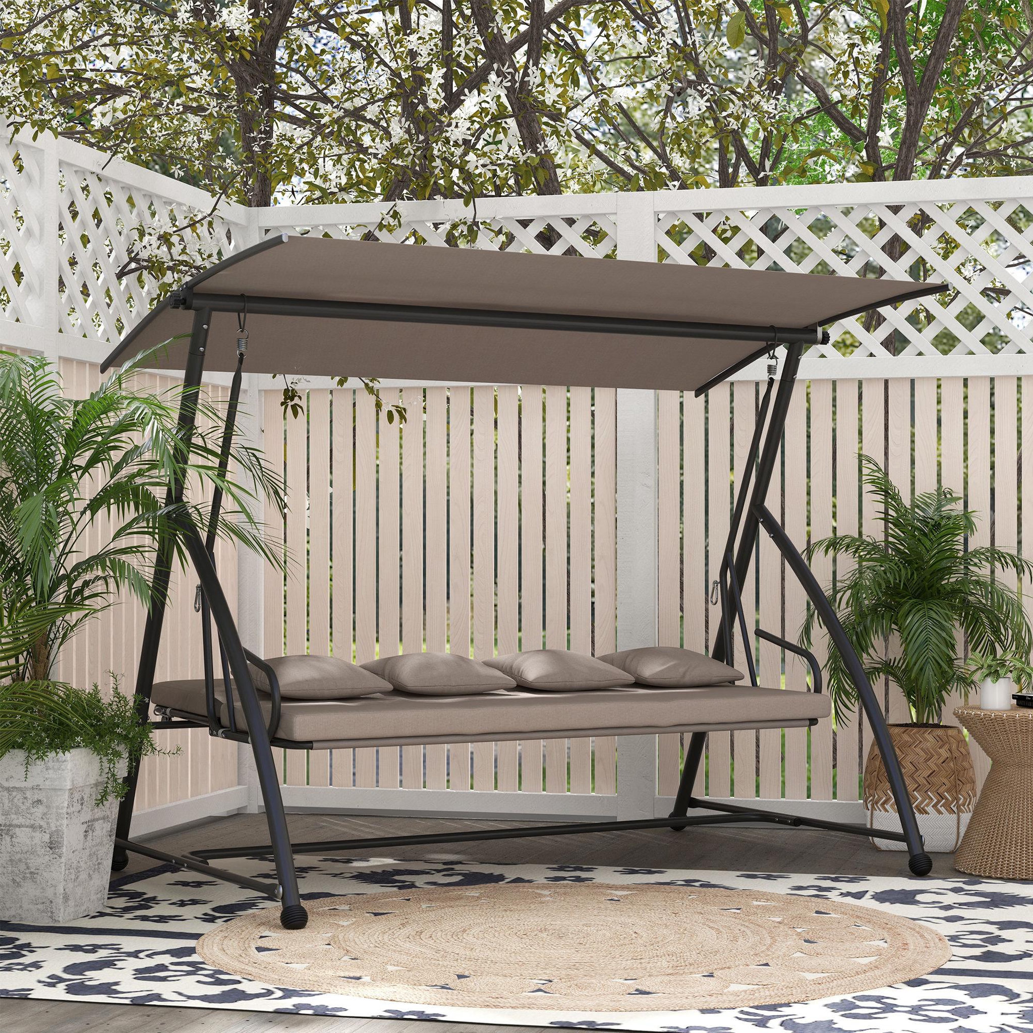 Voir la diapositive 4 : OUTSUNNY Balancelle de jardin 3 places convertible réglable - coussin assise dossier + 4 oreillers - dim. 218 x 120 x 168 cm - taupe
