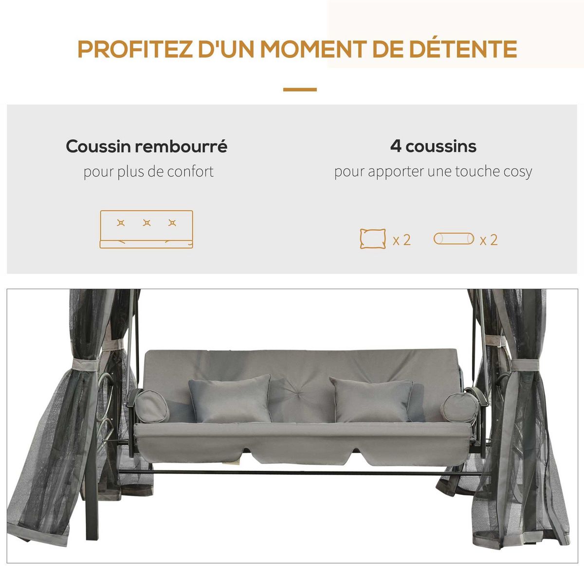 OUTSUNNY Balancelle de jardin 3 places convertible style colonial grand confort 5 coussins + matelas + moustiquaires inclus 2,56L x 1,72l x 2,48H m gris