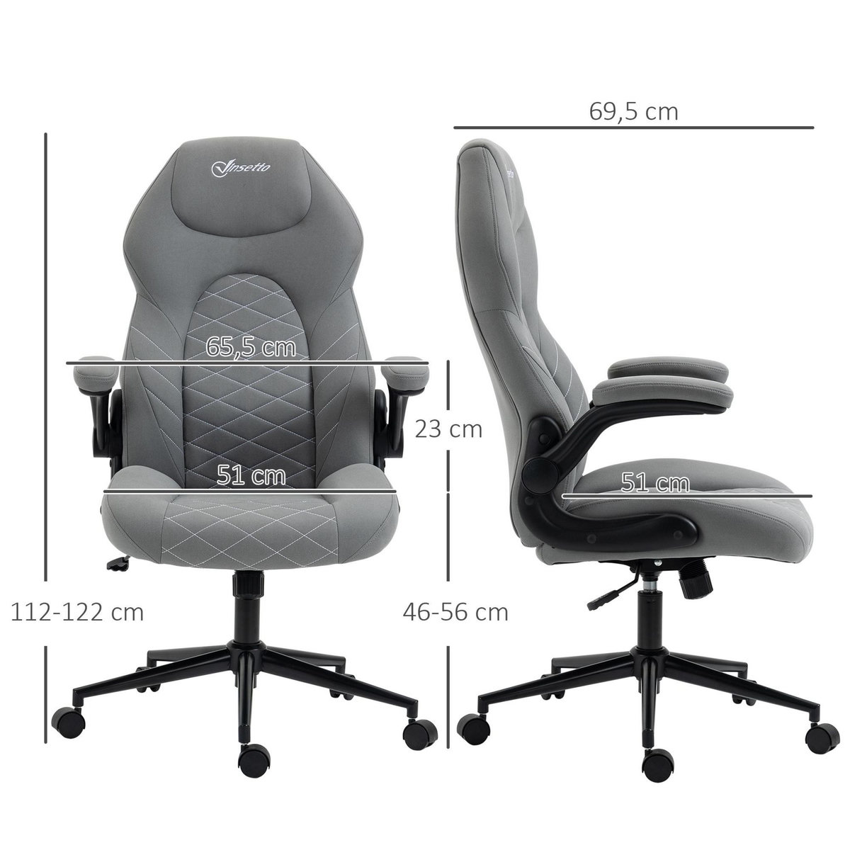 VINSETTO Fauteuil de bureau chaise de bureau ergonomique hauteur réglable pivotant 360° accoudoirs relevables tissu gris clair