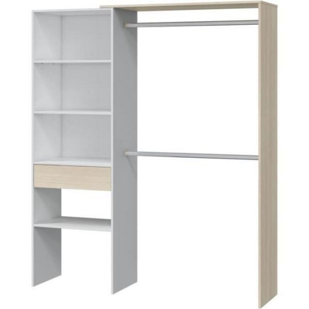 MARKET24 Dressing - DRESS - 2 penderies + 3 niches + 1 étagere + 1 tiroir - Blanc et chene - L 158x H187x P40cm