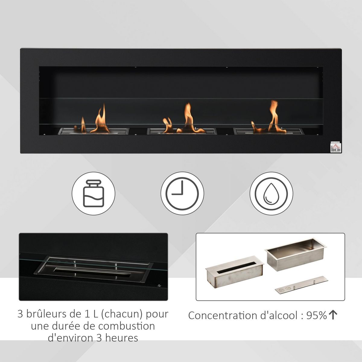 HOMCOM Cheminée bioéthanol murale design Bauhaus - triple brûleur 1 L - pare-feu verre trempé, kit fixation inclus - acier inox. acier dépoli noir