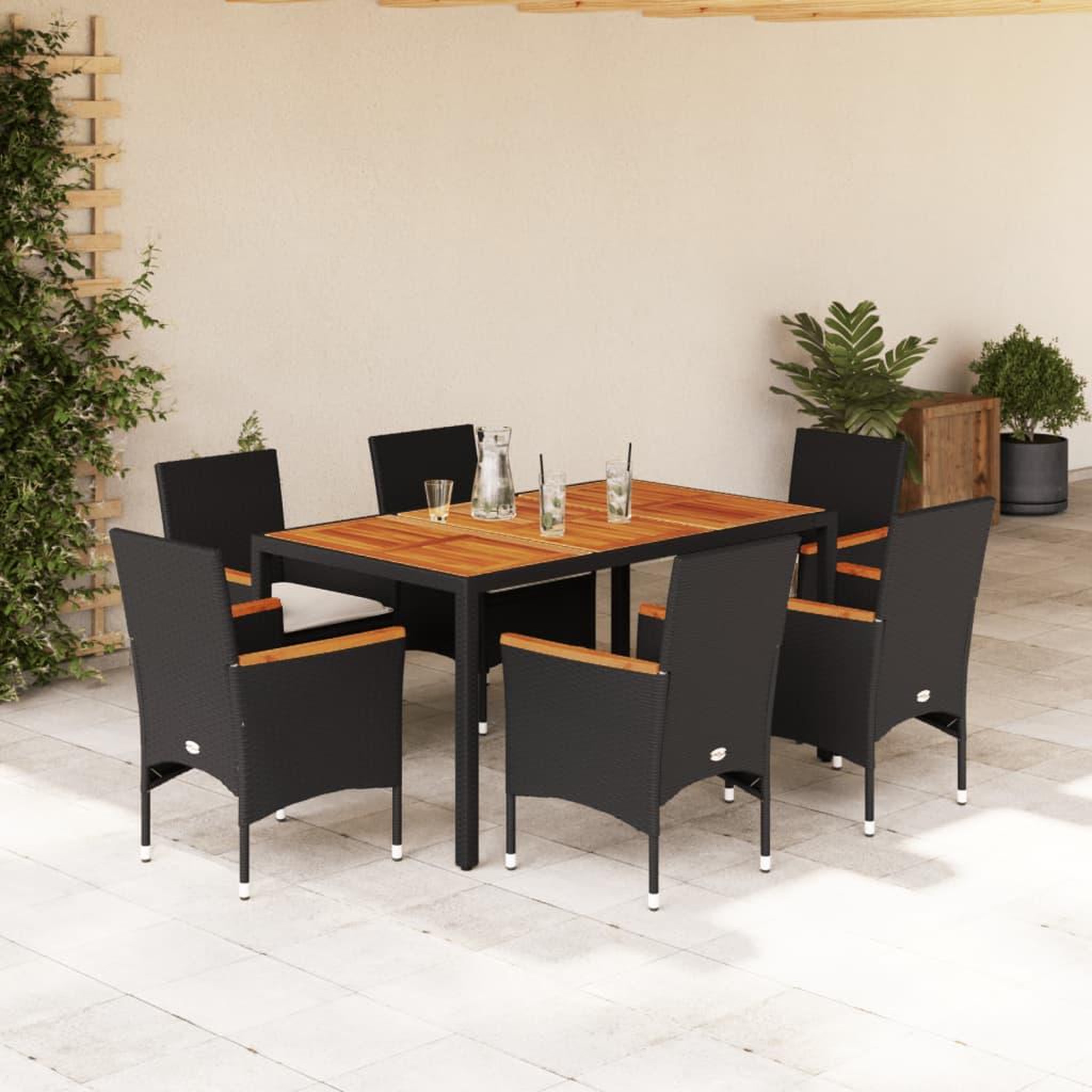 VIDAXL Ensemble a manger de jardin et coussins 7pcs noir rotin acacia
