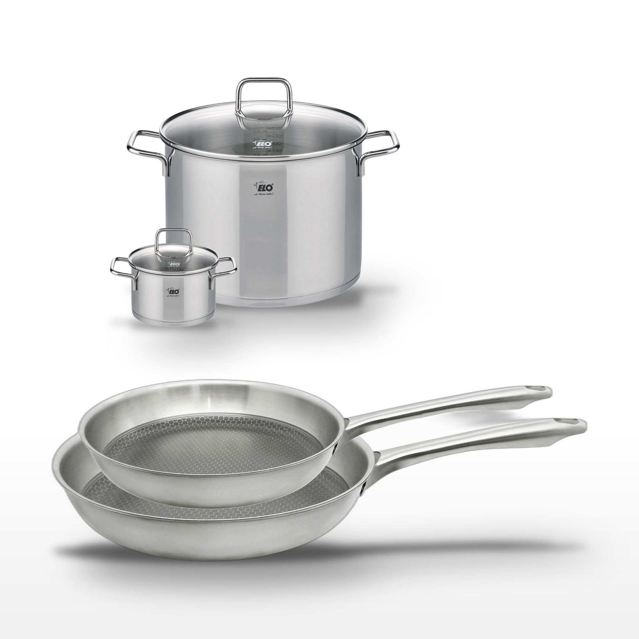 ELO Lot de 2 poêles 24/28cm elo relief passion et 2 faitouts 14/26cm