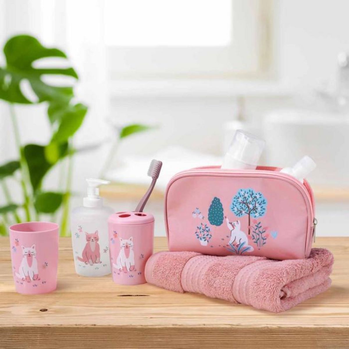 Paris Prix Set 4 Accessoires Salle de Bain Enfant  Chaton  Rose