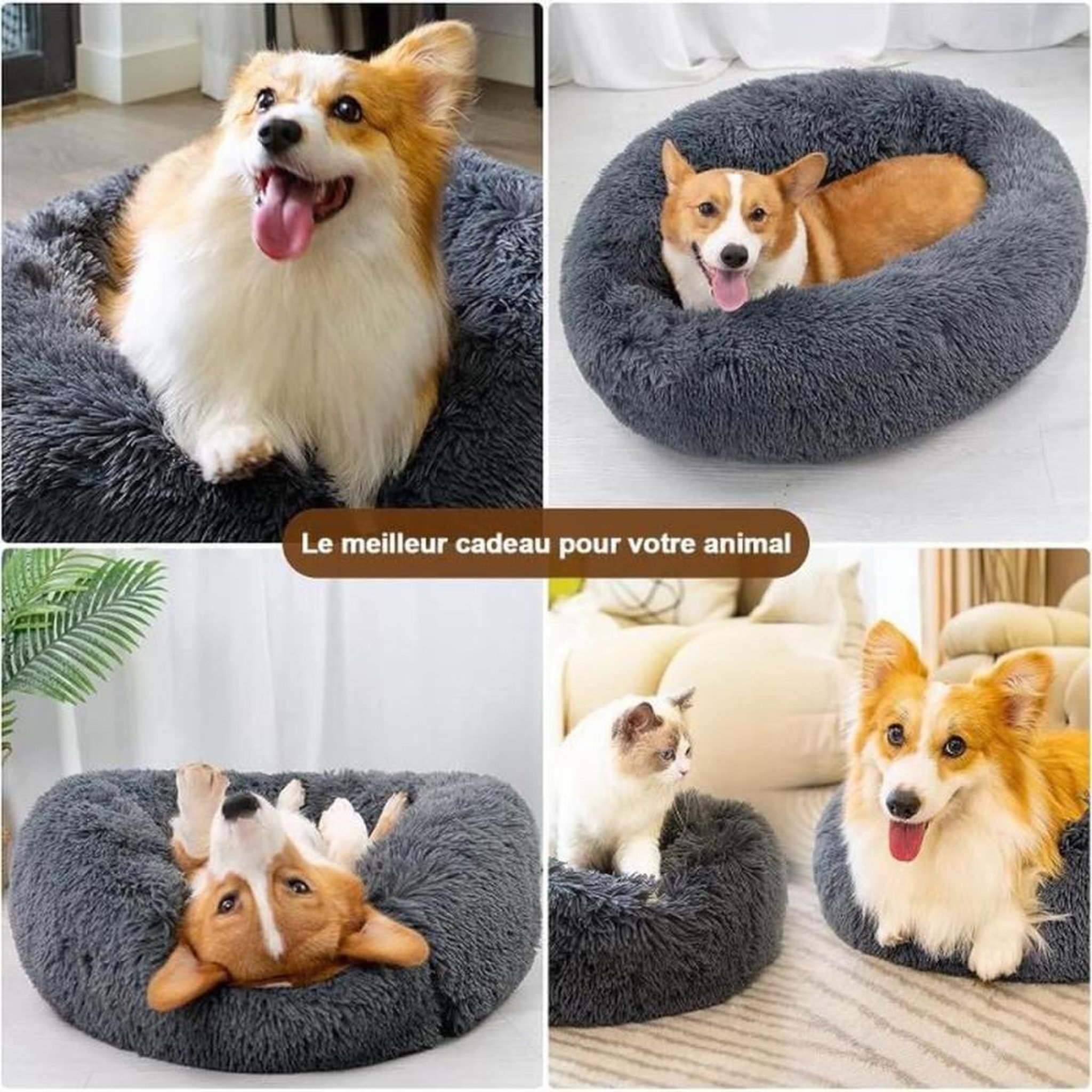 Voir la diapositive 4 : Coussin pour animaux Donut rond 60 cm gris foncé antidérapant