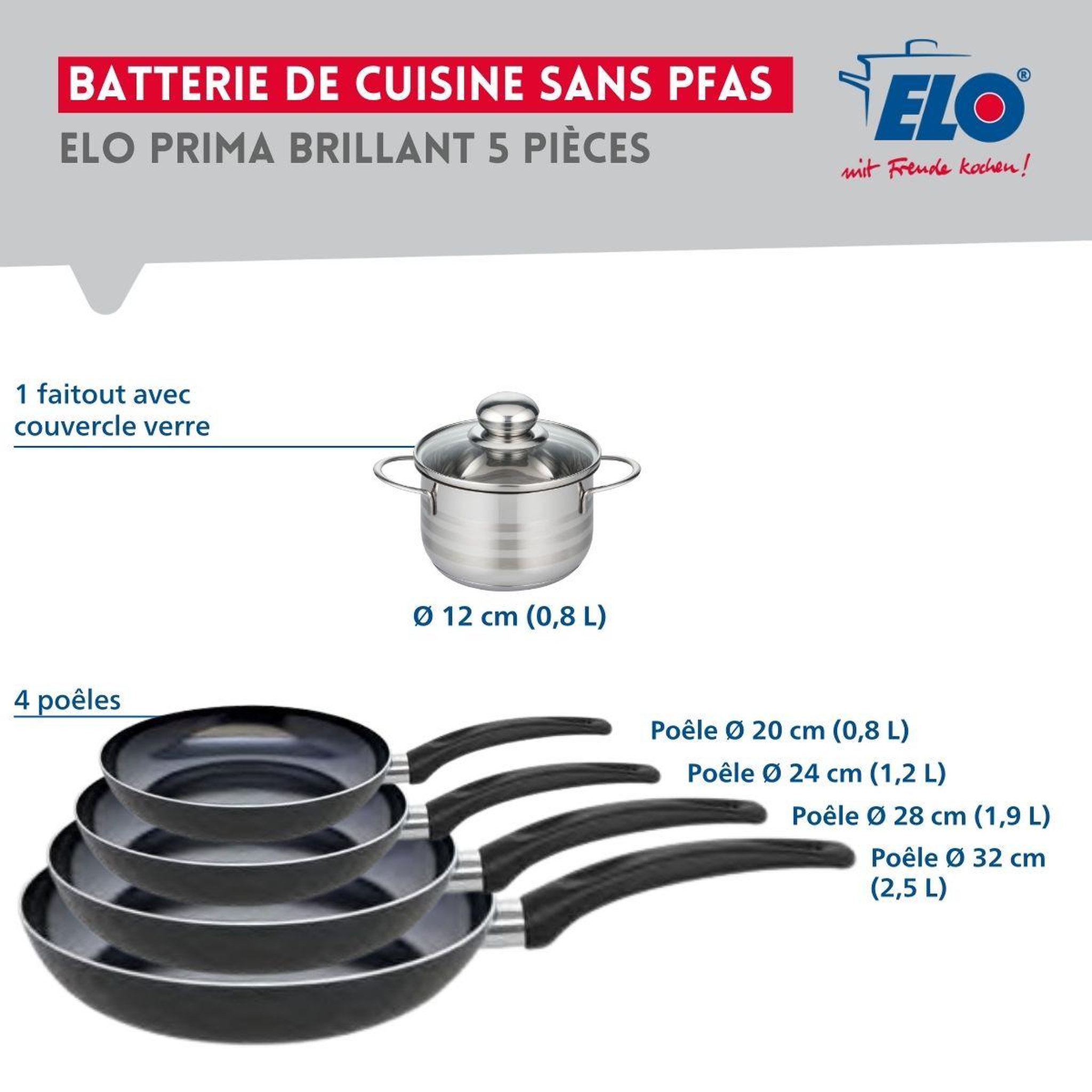 Voir la diapositive 2 : ELO Ensemble de 4 poêles de cuisson 20, 24, 28 et 32 cm et 1 faitout 12 cm elo prima brillant