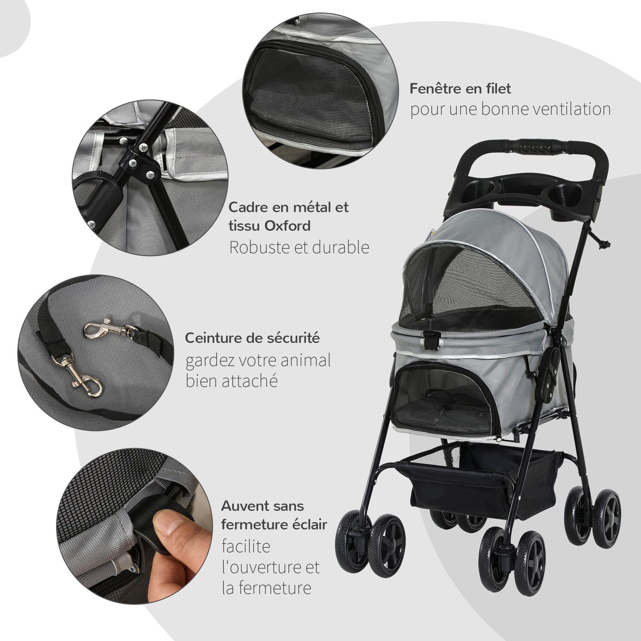 Voir la diapositive 6 : PAWHUT Poussette buggy pliable chien chat panier rangement porte-gobelets tissu 300d oxford imperméable 4 roues gris