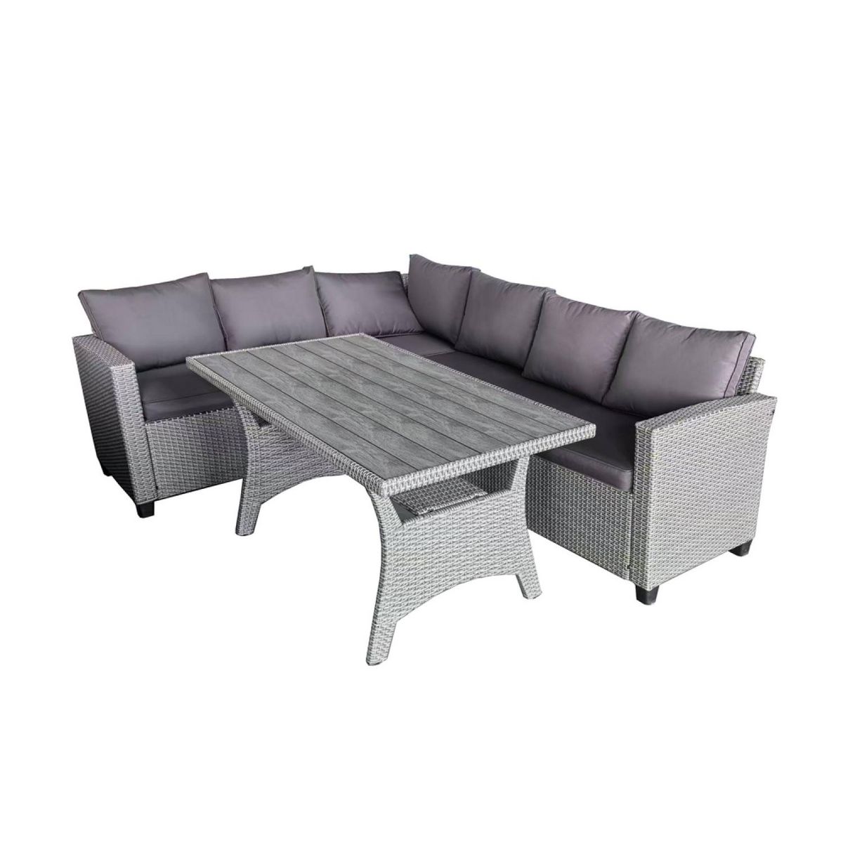 CONCEPT USINE Salon de jardin d'angle 6 places en résine tressée grise avec table TAHAA