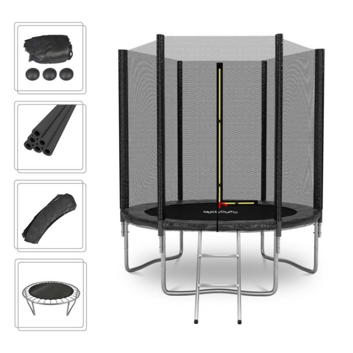 PLAY4FUN Trampoline de Jardin Deluxe 6FT ø185cm Noir - avec Filet de sécurité, Tapis de saut, Coussin de protection, Echelle