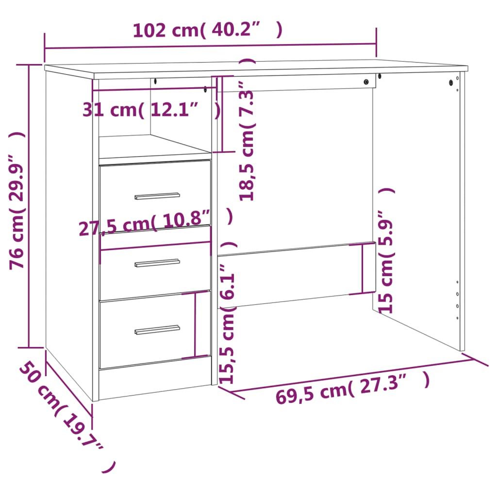 Voir la diapositive 6 : VIDAXL Bureau avec tiroirs Sonoma gris 102x50x76 cm Bois d'ingenierie