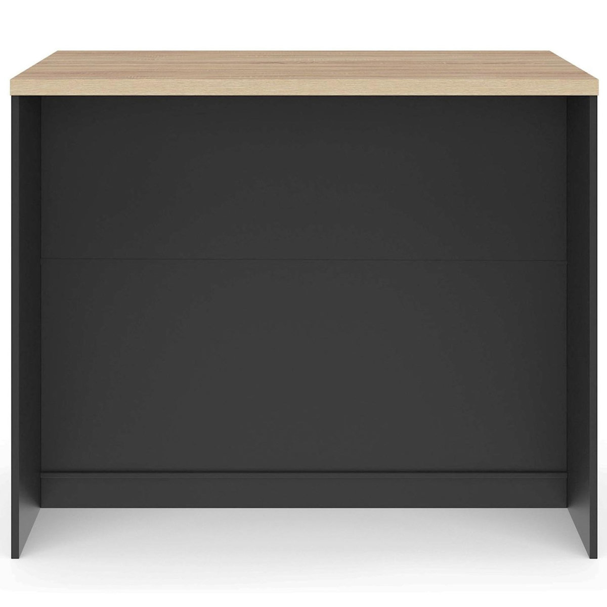 ID MARKET Ilot central TIBO 110 cm casserolier 3 tiroirs bois noir avec plan de travail façon hêtre