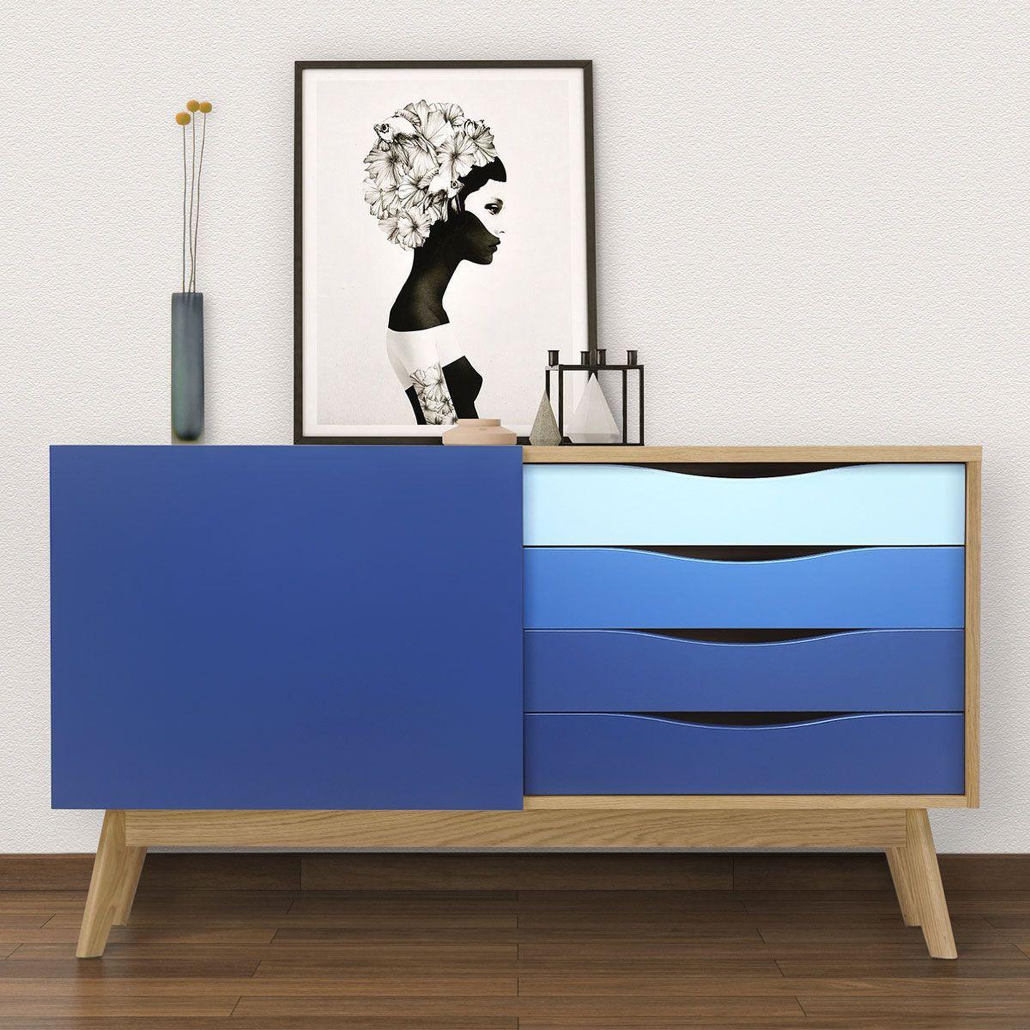 Voir la diapositive 5 : Paris Prix Buffet 4 tiroirs & 1 porte  avon  128cm chêne & bleu foncé