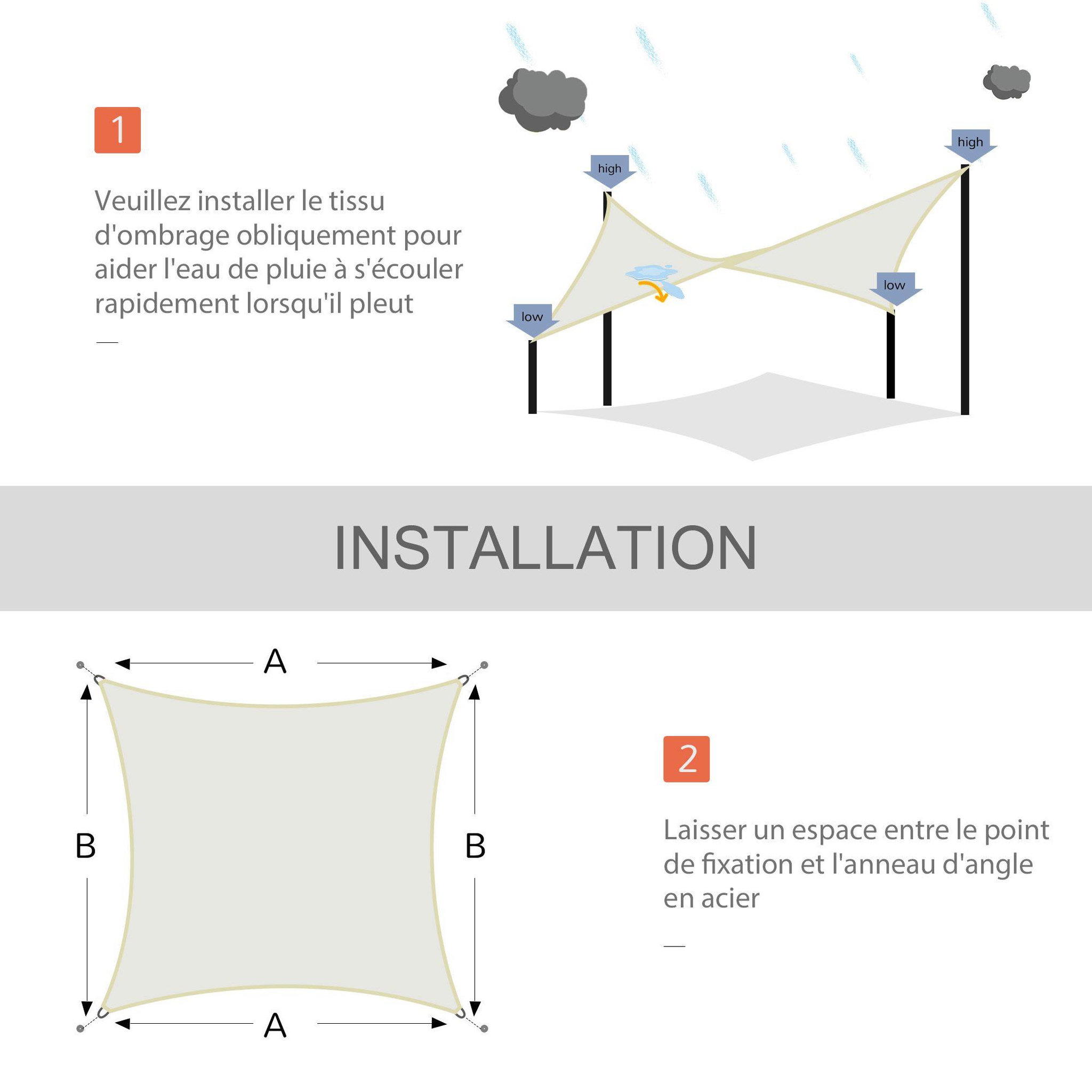 Voir la diapositive 6 : OUTSUNNY Voile d'ombrage carré 3 x 3 m polyester imperméabilisé haute densité 160 g/m² crème