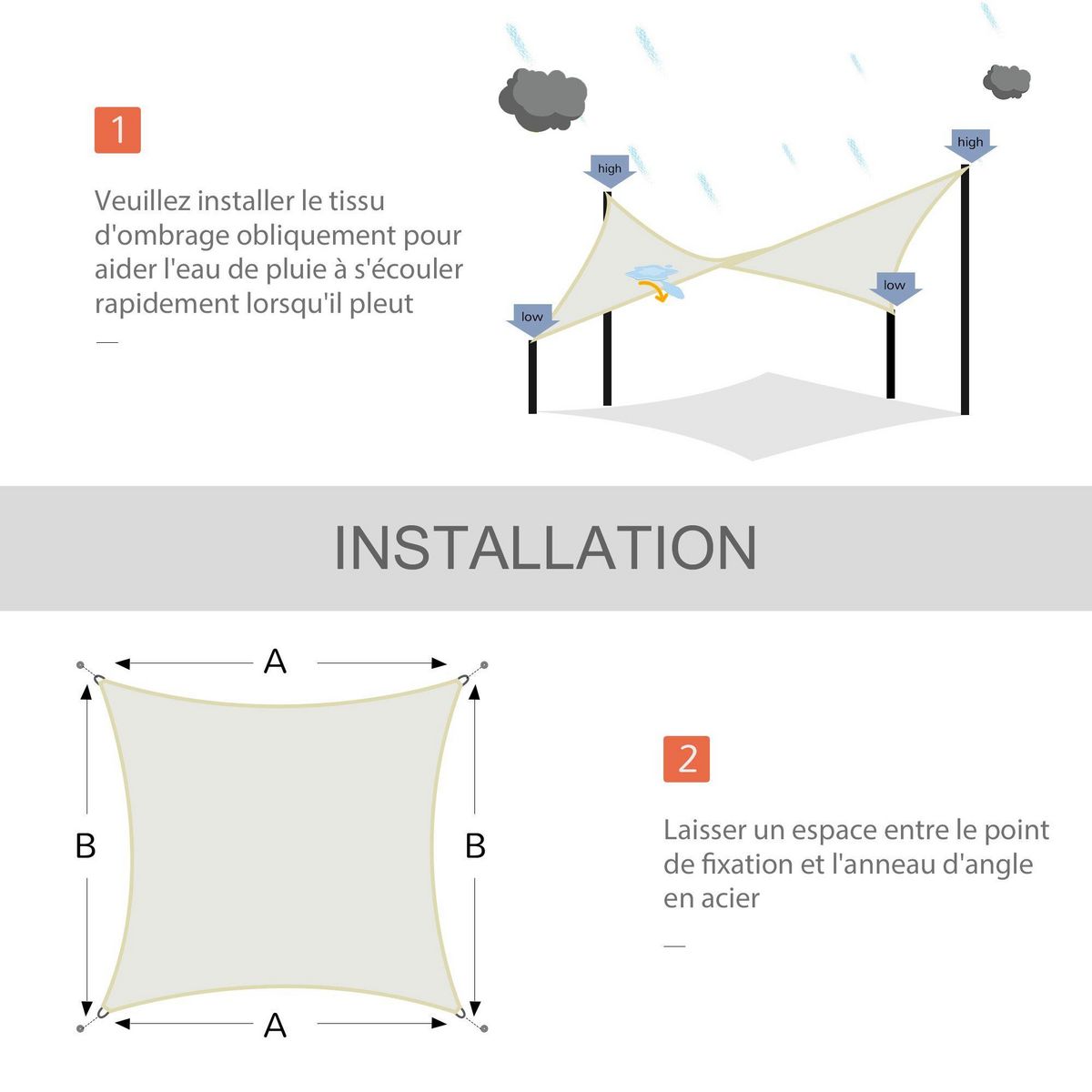 OUTSUNNY Voile d'ombrage carré 3 x 3 m polyester imperméabilisé haute densité 160 g/m² crème