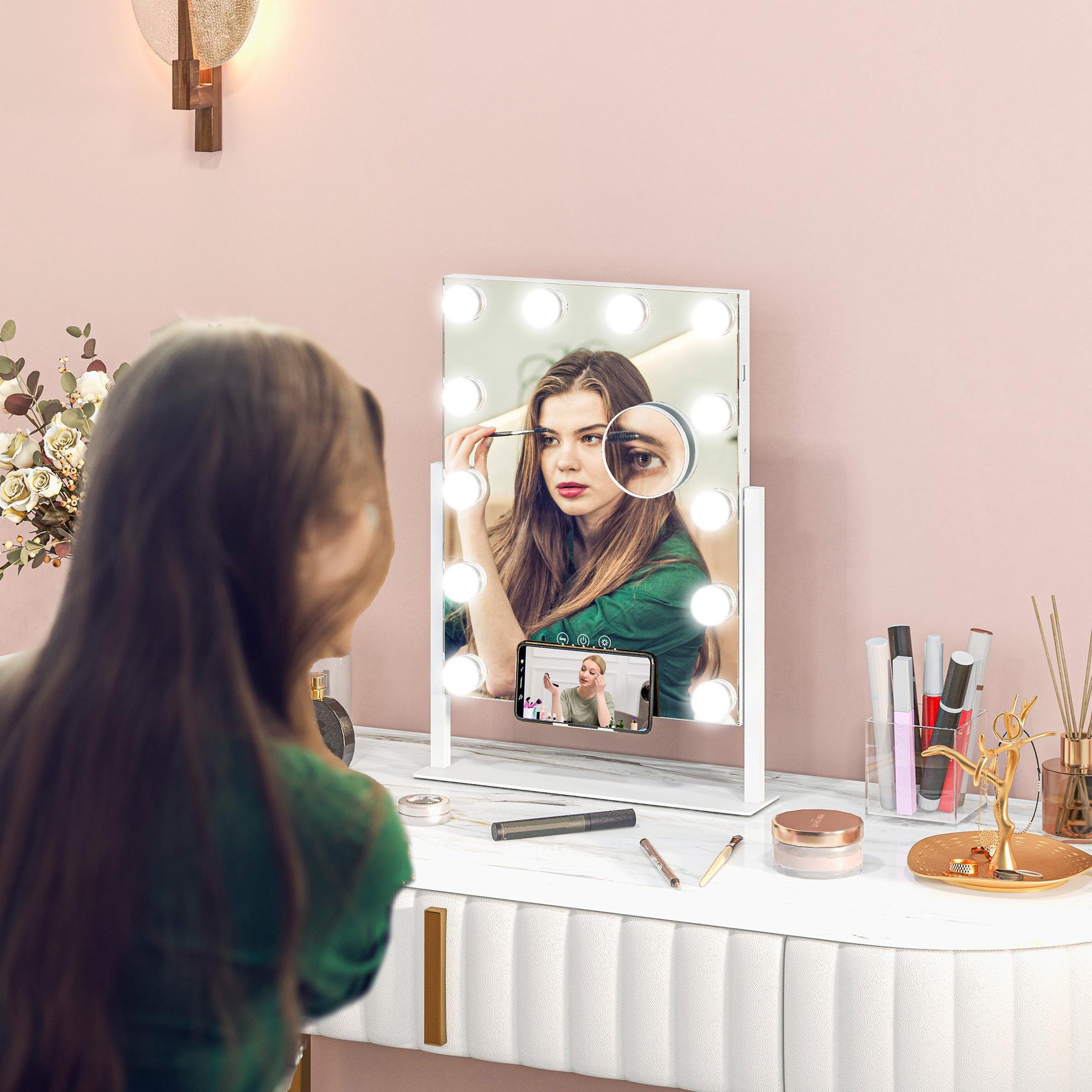 Voir la diapositive 2 : HOMCOM Miroir hollywood led rotatif grossissant dim. 36,5 x 45,5 cm 12 ampoules 3 modes luminosité port charge usb