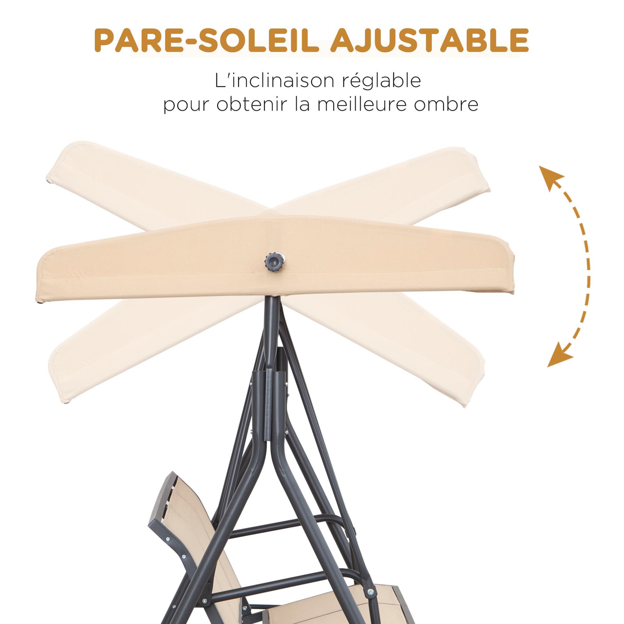 Voir la diapositive 5 : OUTSUNNY Balancelle de jardin 3 places grand confort toit inclinaison réglable assise et dossier ergonomique acier époxy textilène beige