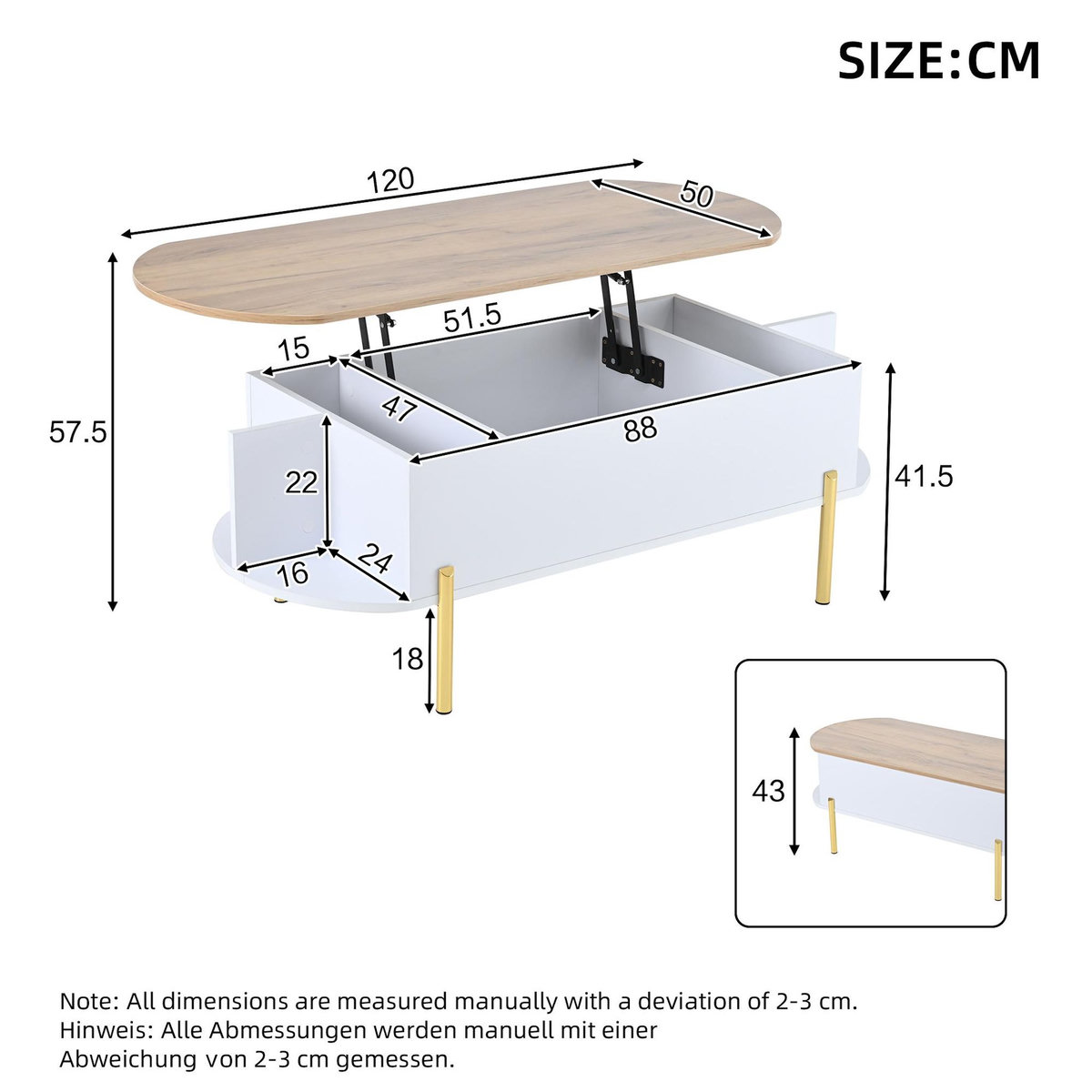 MERAX Table basse relevable ovale blanc+naturel - 50x120 cm mdf
