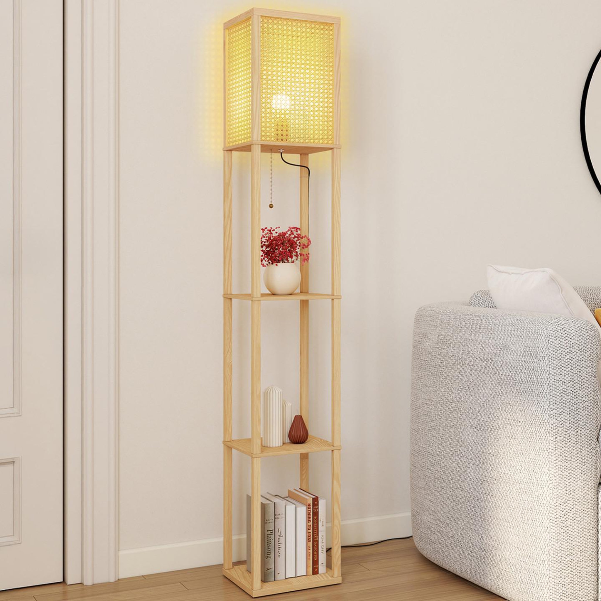Voir la diapositive 2 : ID MARKET Lampadaire naturel en bois clair avec étagères et abat-jour carré effet cannage