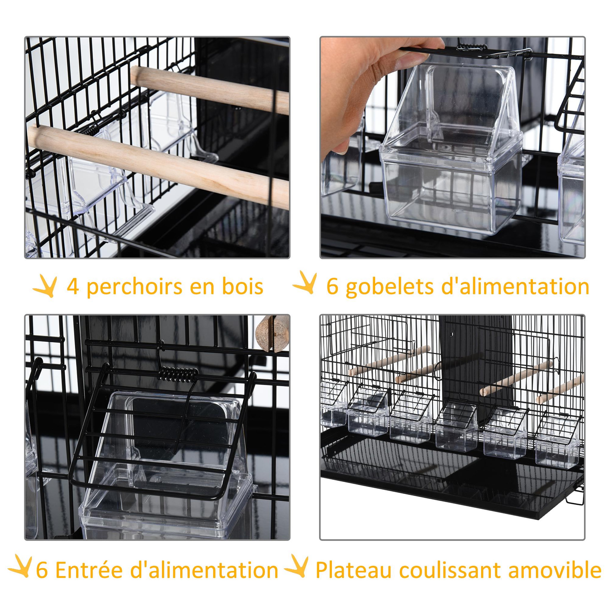 Voir la diapositive 4 : PAWHUT PawHut Cage à oiseaux dim. 59,5L x 29,8I x 35,3H cm mangeoires perchoirs 4 portes plateau excrément amovible + poignée transport métal PP noir