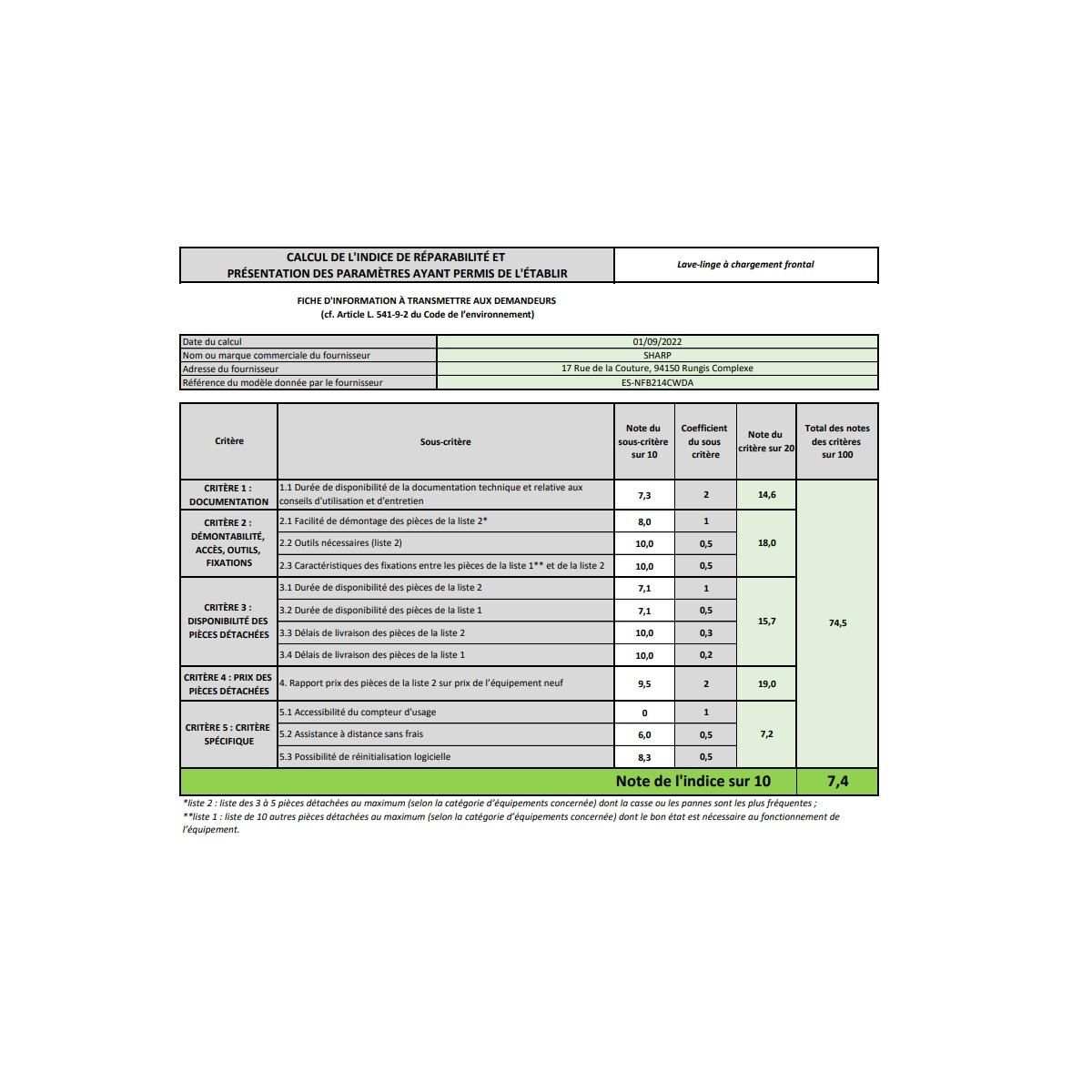 Sharp Lave-linge hublot 12kg 1400tours/min - ESNFB214CWDA