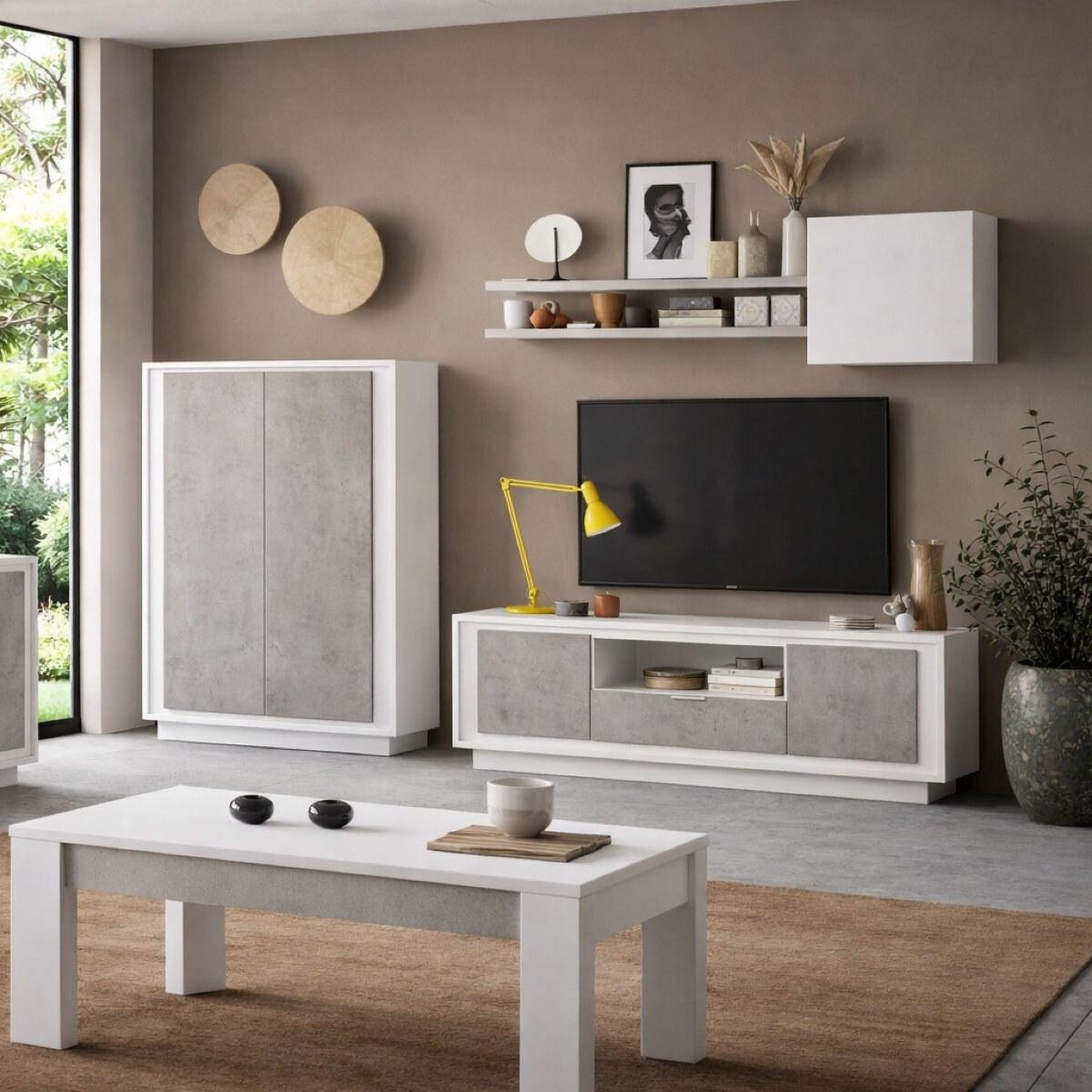 Voir la diapositive 5 : JLC KREATION Banc tv moderne 180cm blanc et gris béton yori