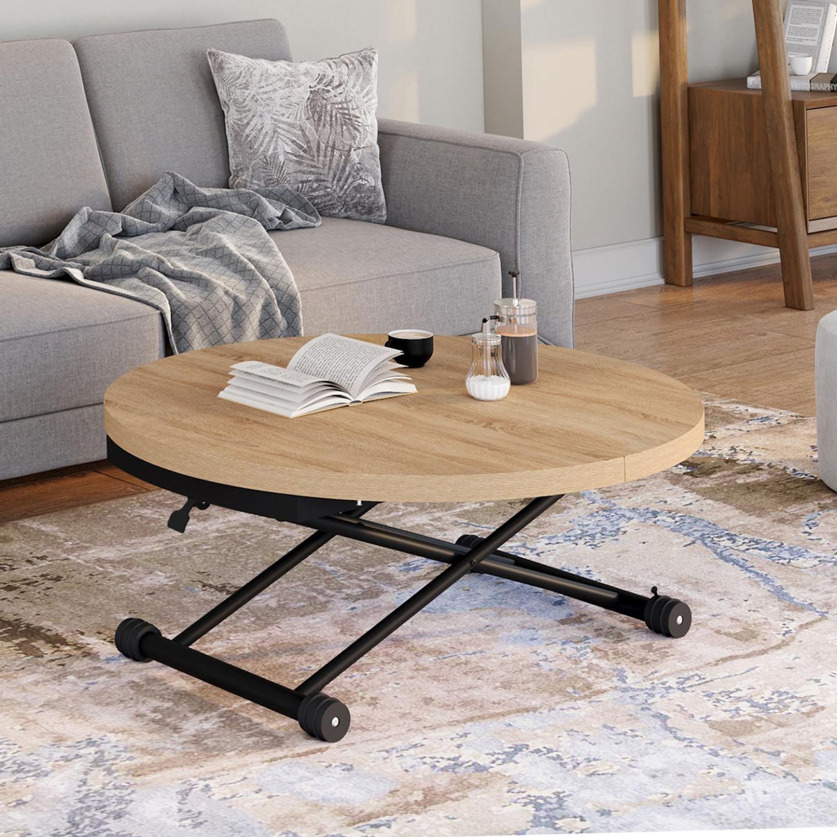 ID MARKET Table basse extensible relevable en table à manger ronde ALTURA plateau façon hêtre pied noir design industriel