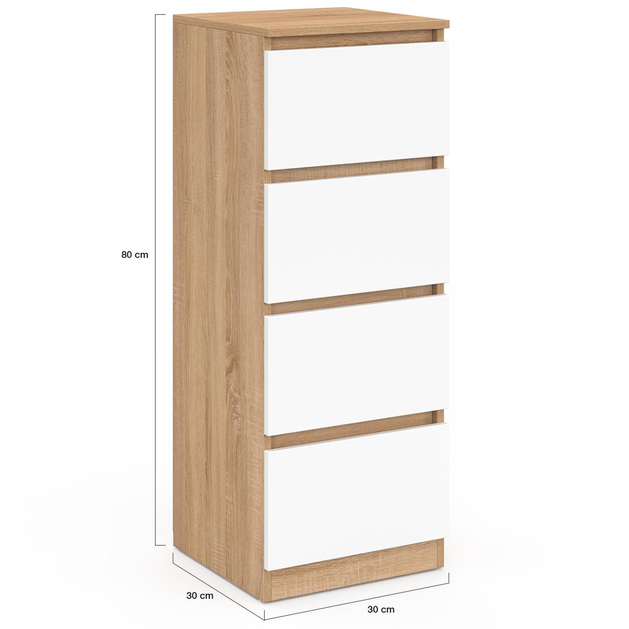 Voir la diapositive 5 : ID MARKET Meuble d'appoint 4 tiroirs tomi 30x30x80 cm chiffonnier pour entrée salle de bain bois façon hêtre et blanc