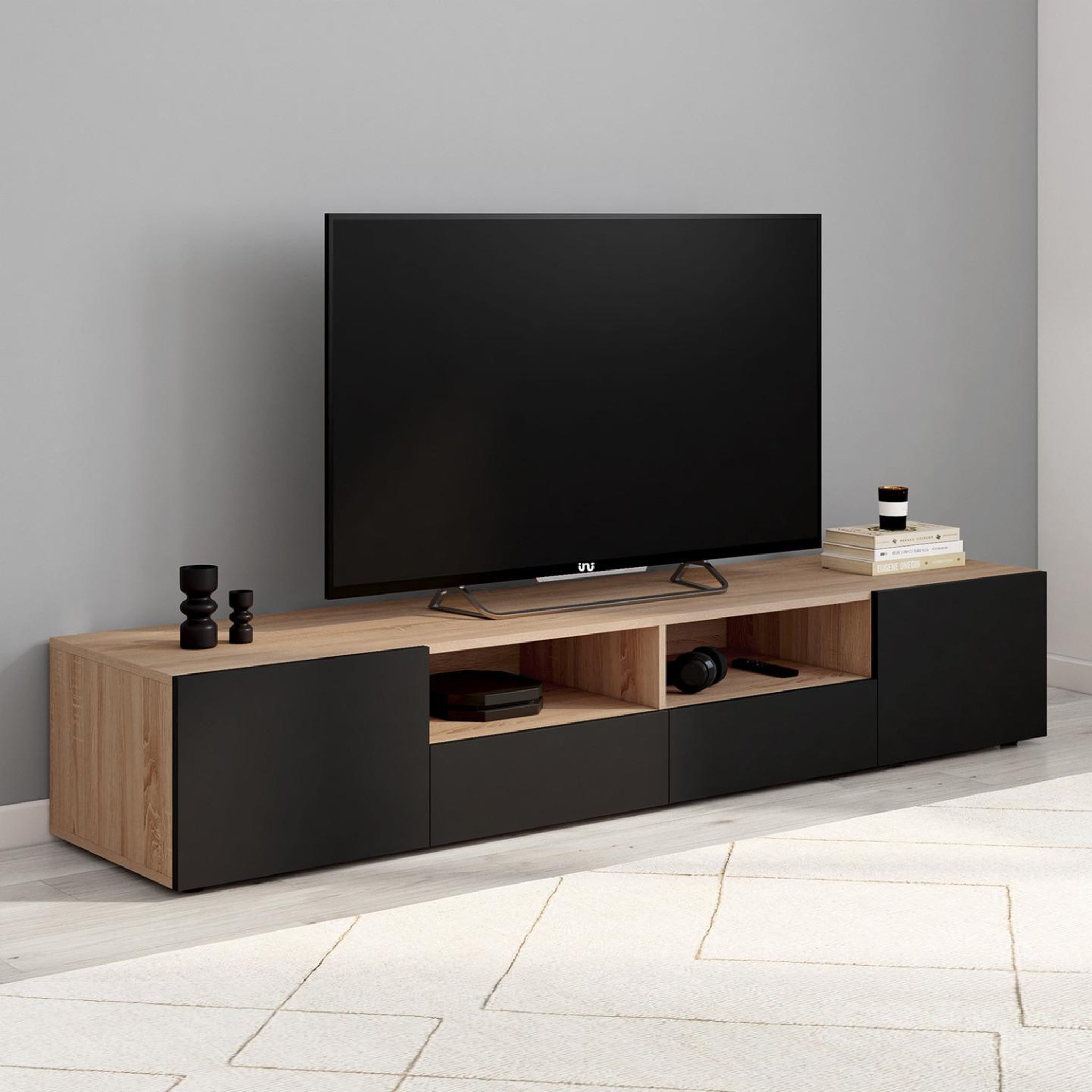 Voir la diapositive 2 : ID MARKET Meuble tv 180 cm eli bois façon hêtre portes noires