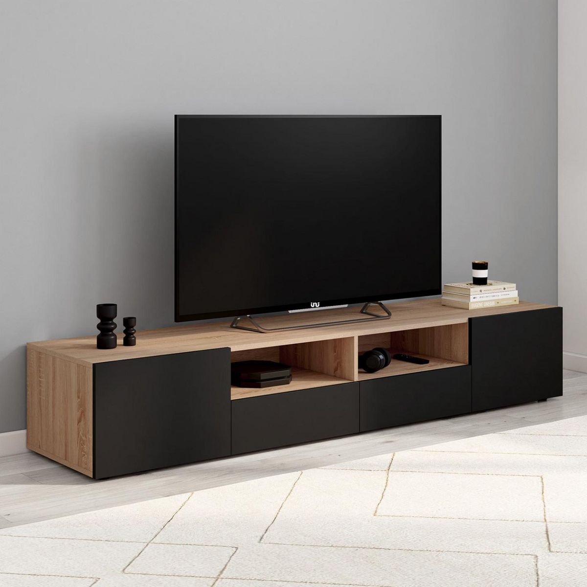 ID MARKET Meuble TV 180 cm ELI bois façon hêtre portes noires