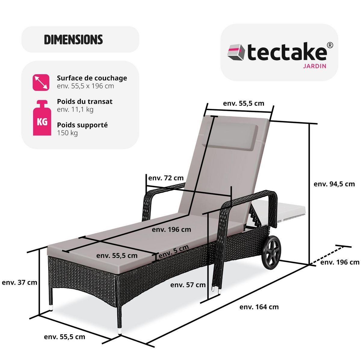 tectake Bain de soleil Transat en rotin Avec cadre en aluminium noir