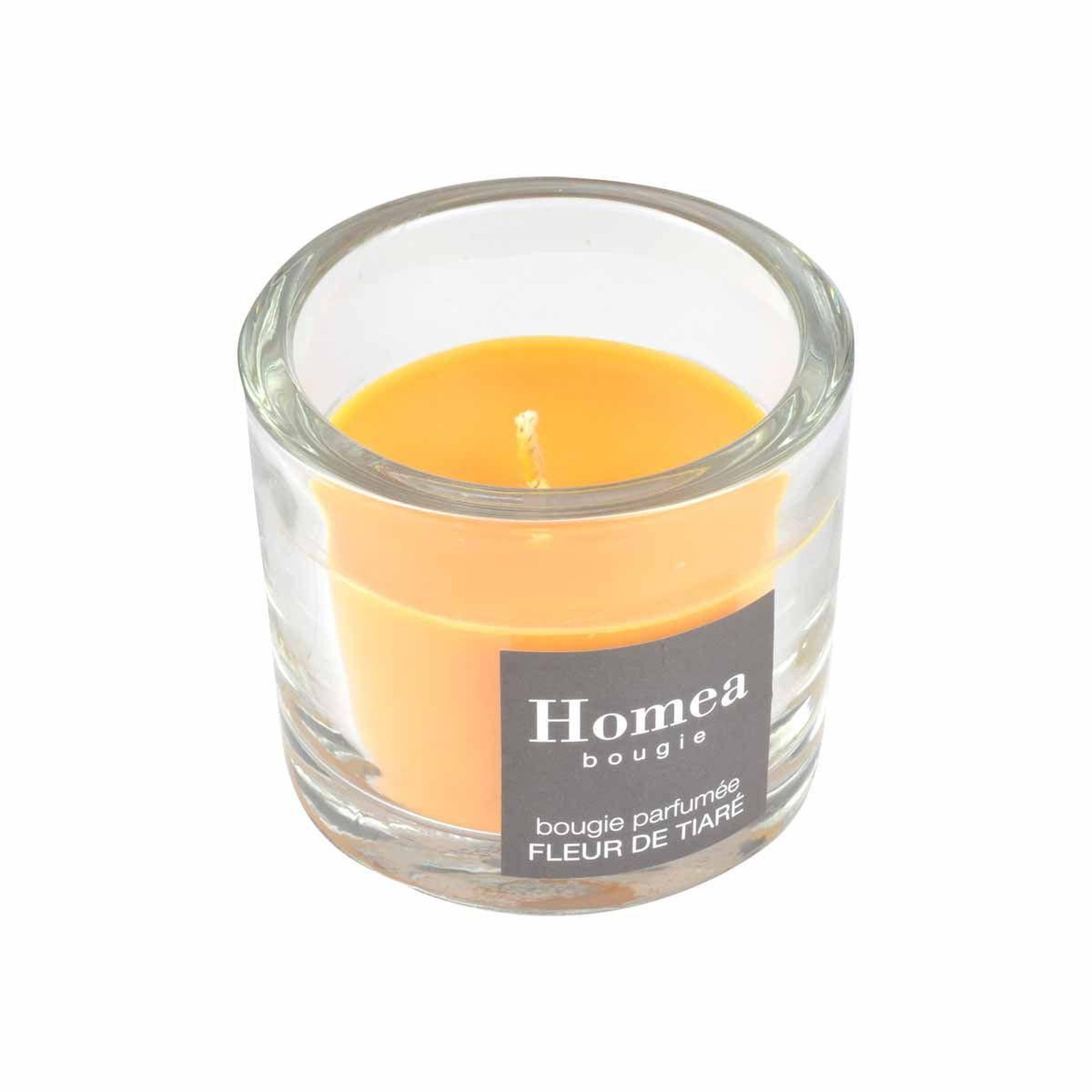 Voir la diapositive 2 : HOMEA Bougie verrine parfumée  essentiel  9cm fleur de tiaré