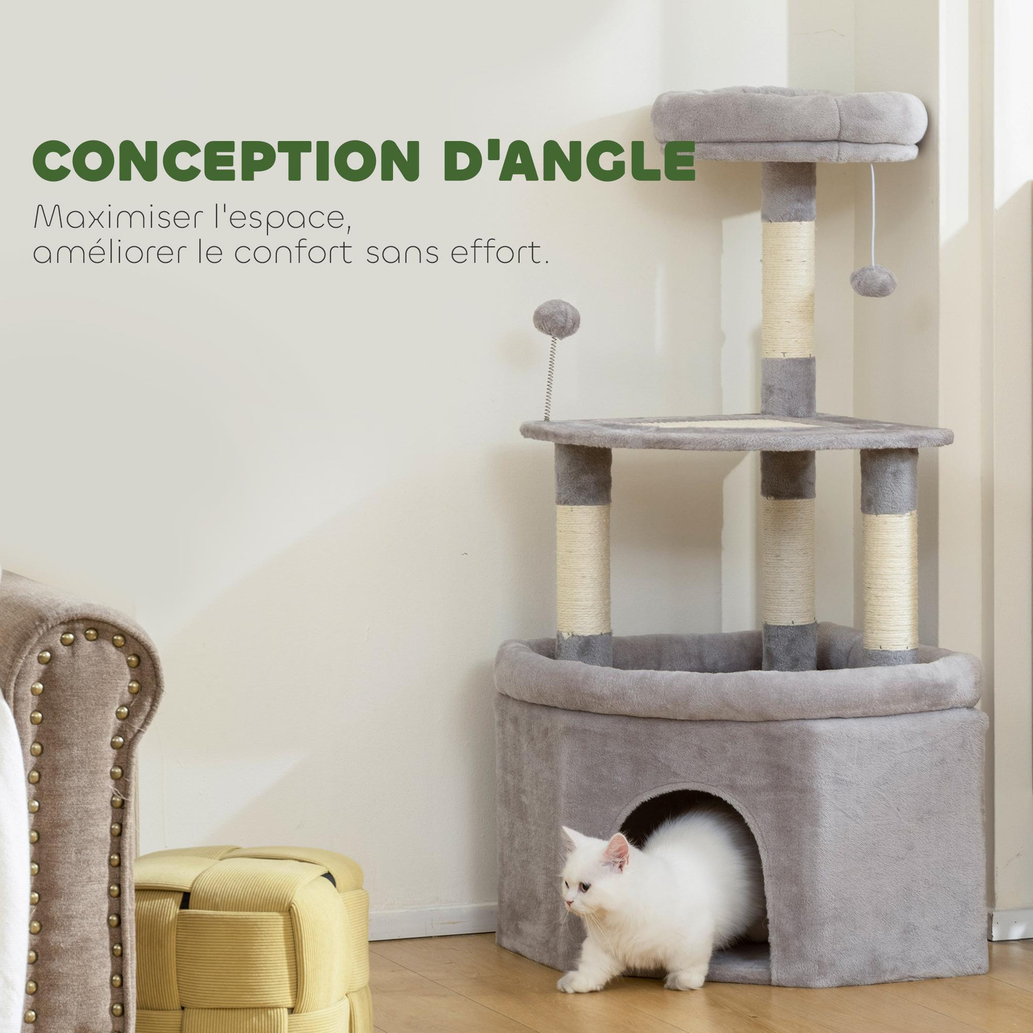 Voir la diapositive 4 : PAWHUT Arbre à chat d'angle h.114cm griffoirs grattoir grande niche plateformes gris