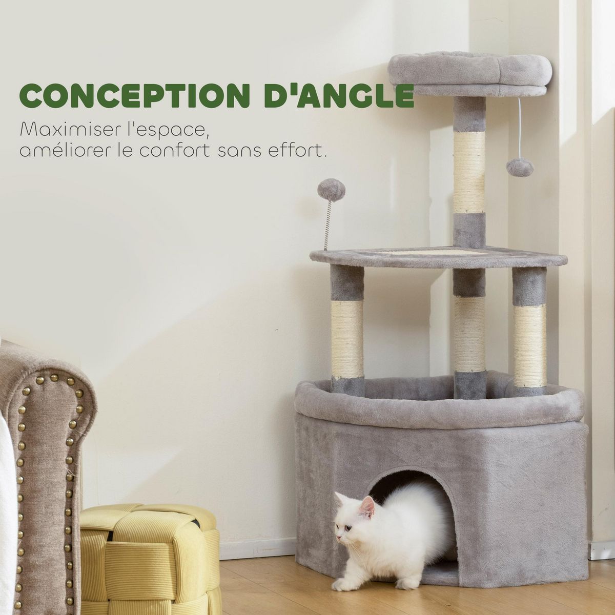 PAWHUT Arbre à chat d'angle H.114cm griffoirs grattoir grande niche plateformes gris