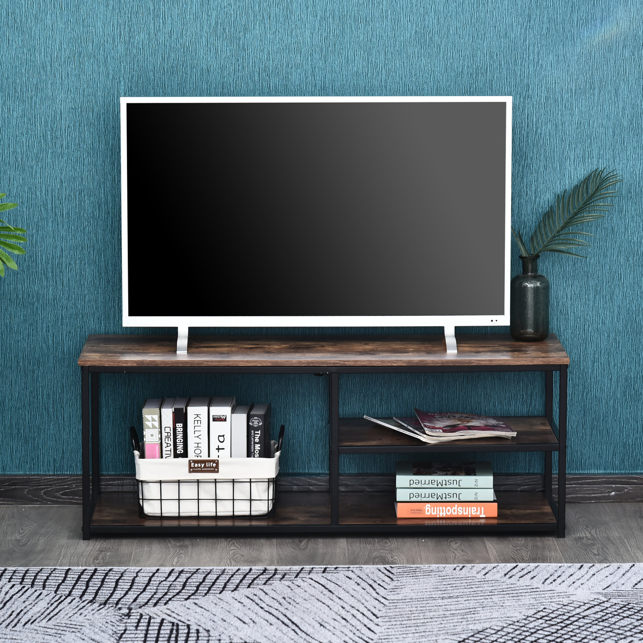 Voir la diapositive 2 : HOMCOM Meuble TV design industriel dim. 120L x 40l x 45H cm grand plateau 2 étagères panneaux particules coloris boisé métal noir