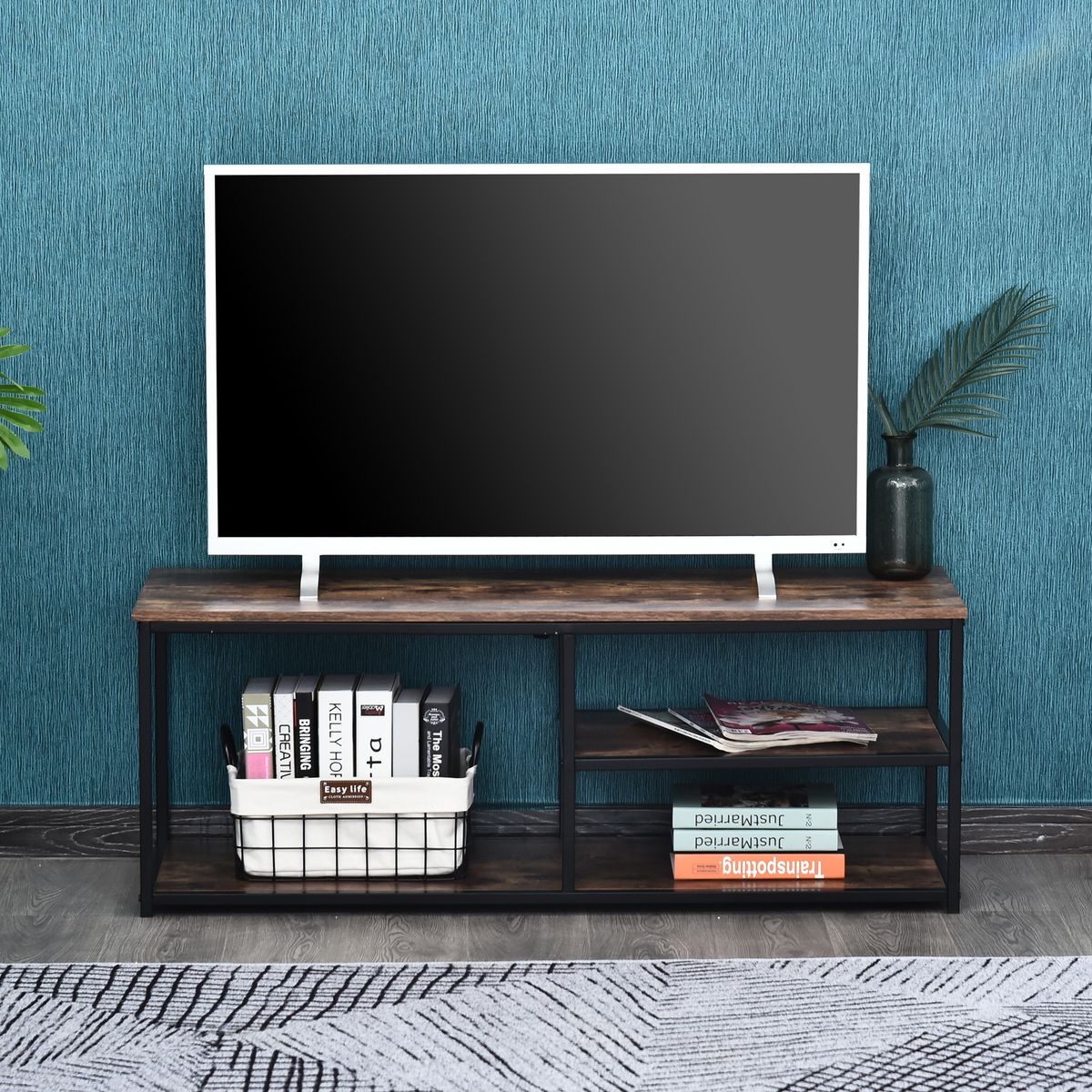 HOMCOM Meuble TV design industriel dim. 120L x 40l x 45H cm grand plateau 2 étagères panneaux particules coloris boisé métal noir